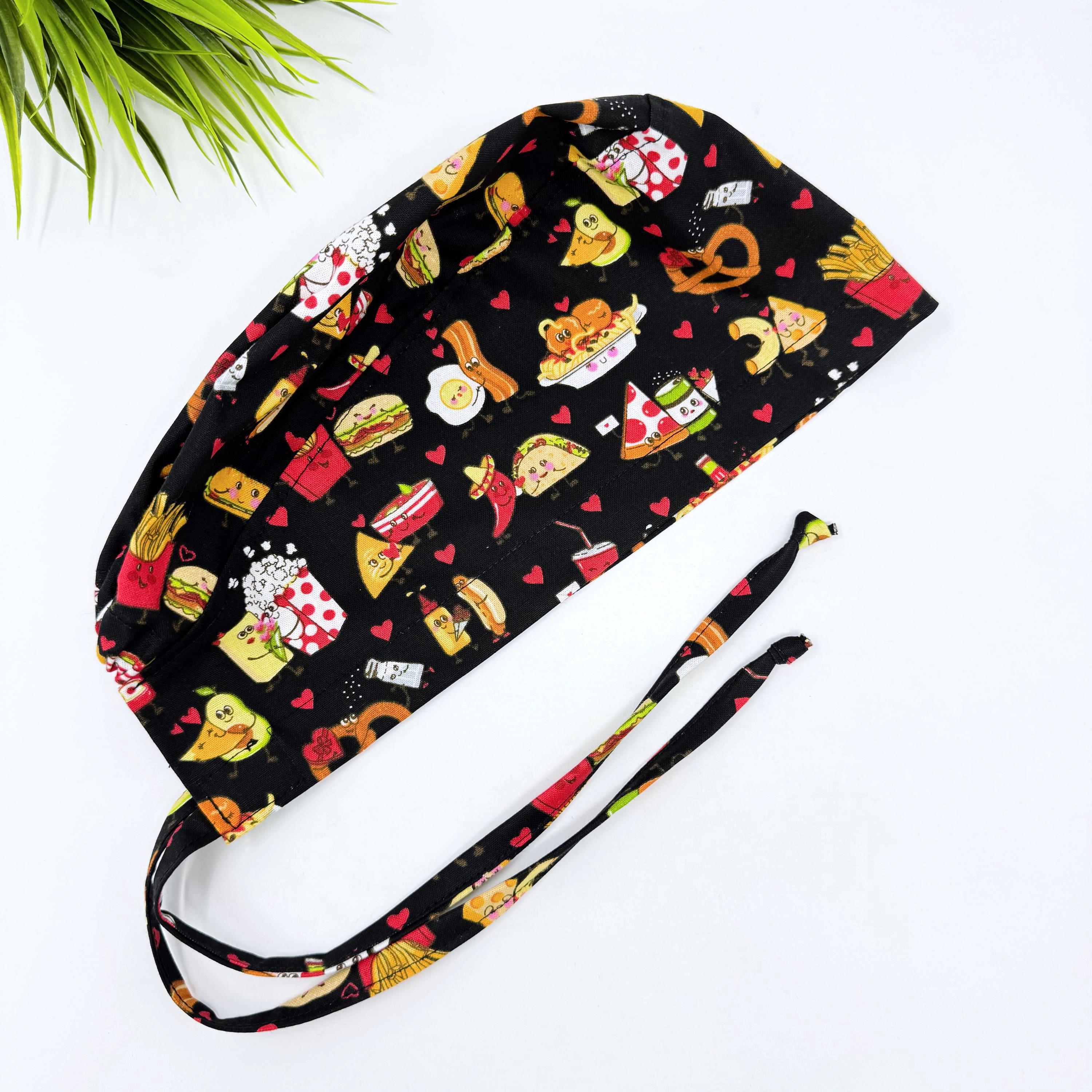 Funny Surgical cap for men. Food with Love tie back scrub hat with satin lined by Paradise Caps.