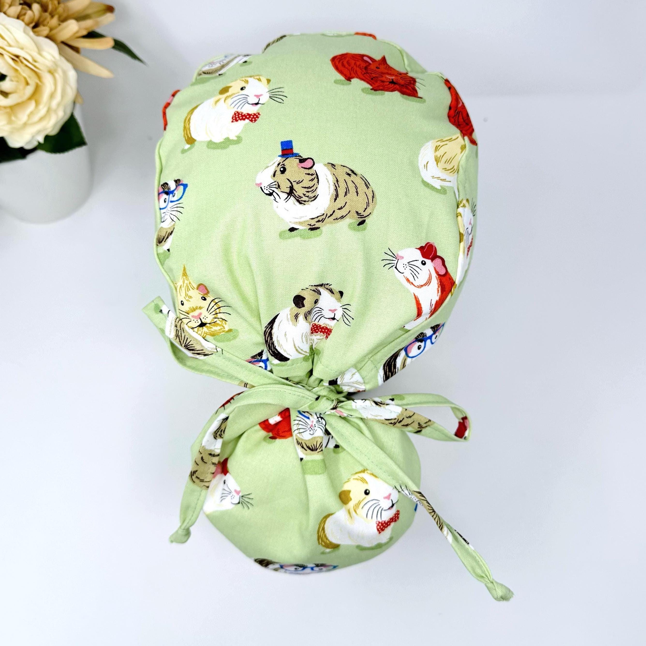 Guinea pig Ponytail scrub cap for women with satin lined option by Paradise Caps.