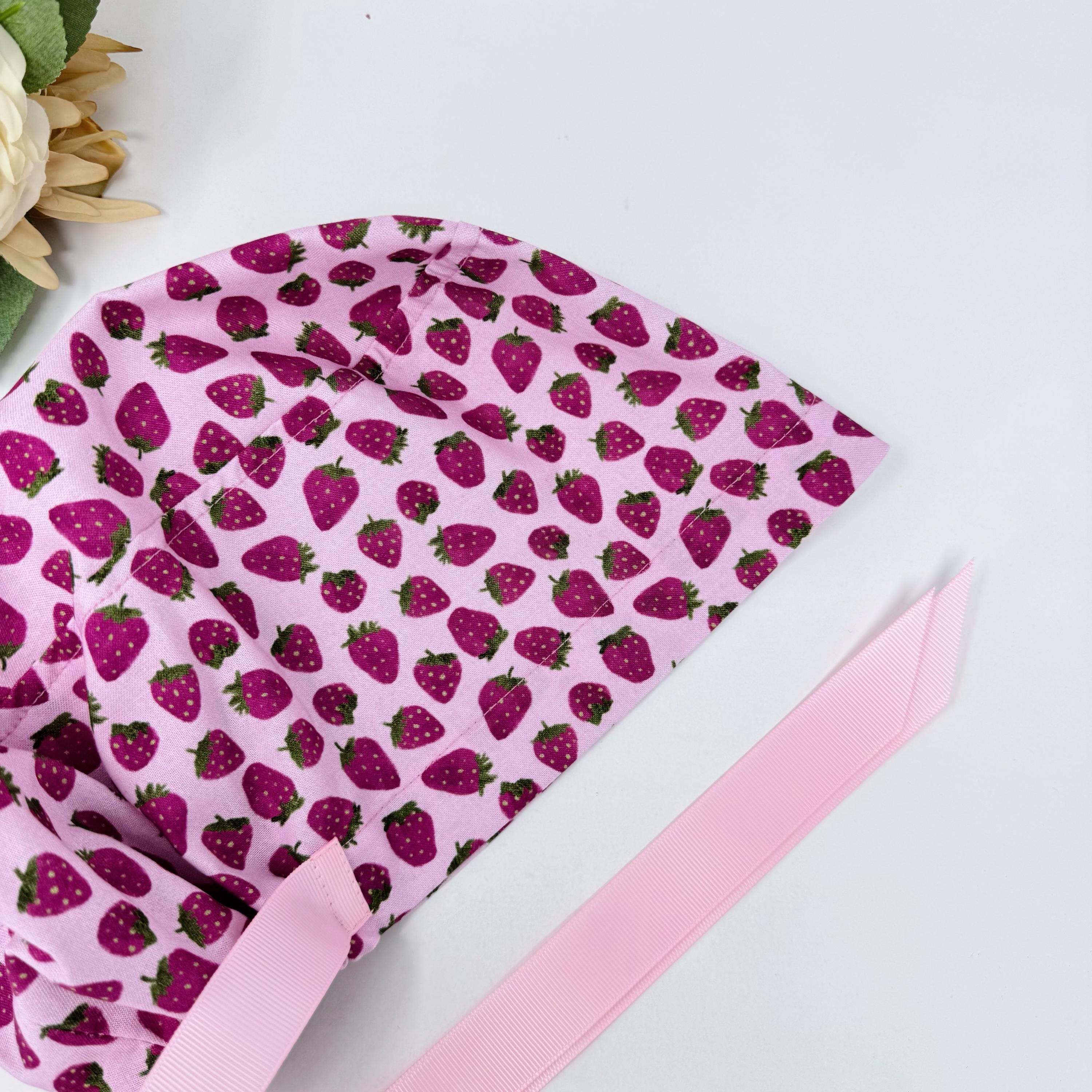 Strawberry Euro scrub cap with ties for Women, Pink European Surgical cap with Satin Lined by Paradise Caps. Euro PLUS style.