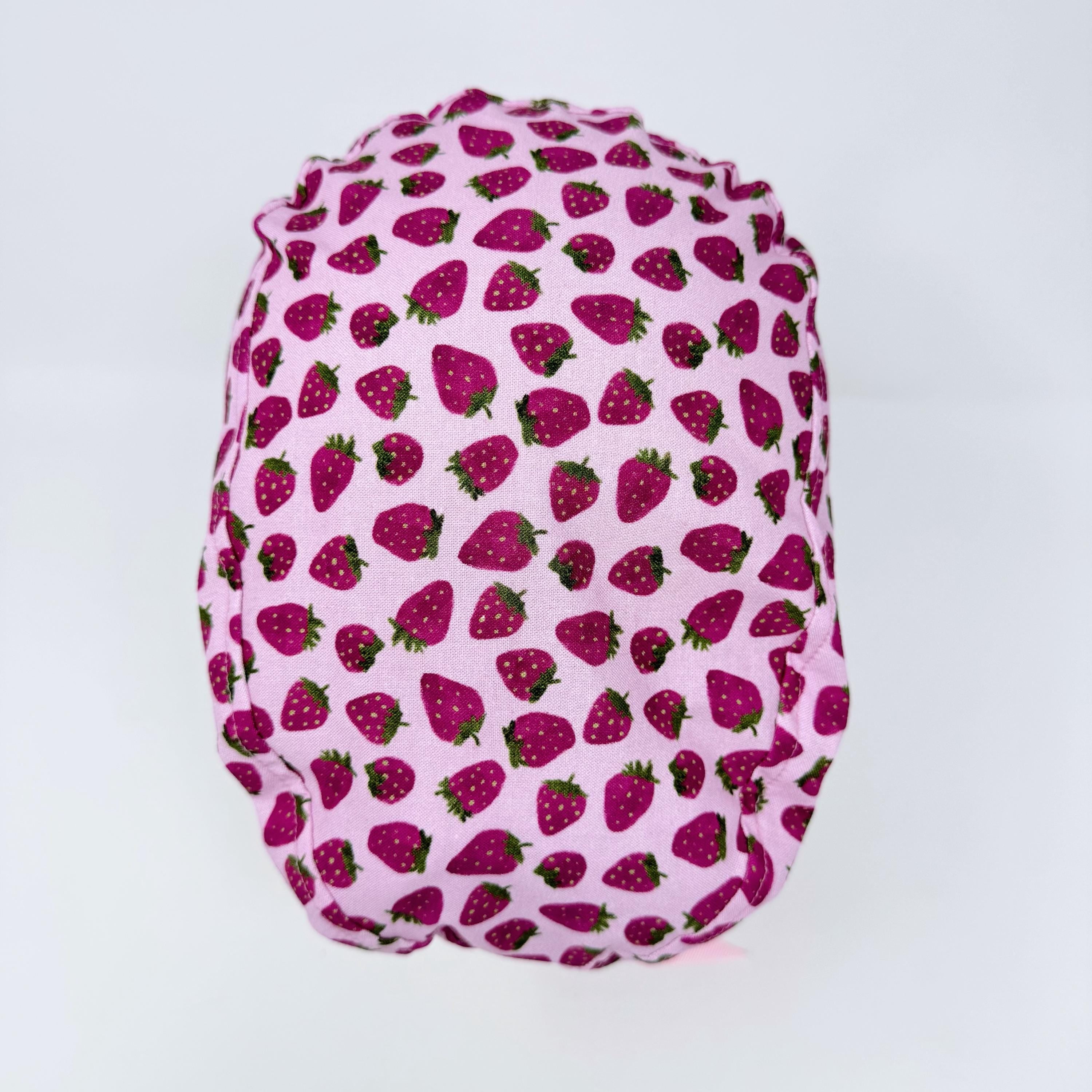 Strawberry Euro scrub cap with ties for Women, Pink European Surgical cap with Satin Lined by Paradise Caps. Euro PLUS style.