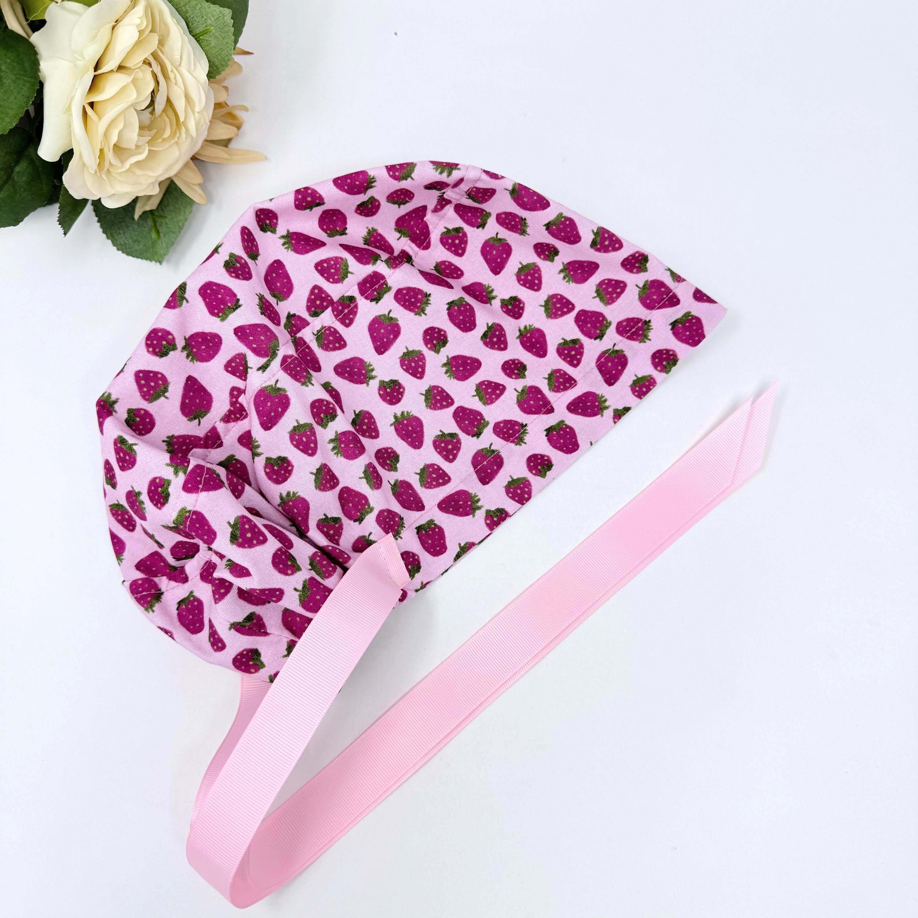 Strawberry Euro scrub cap with ties for Women, Pink European Surgical cap with Satin Lined by Paradise Caps. Euro PLUS style.