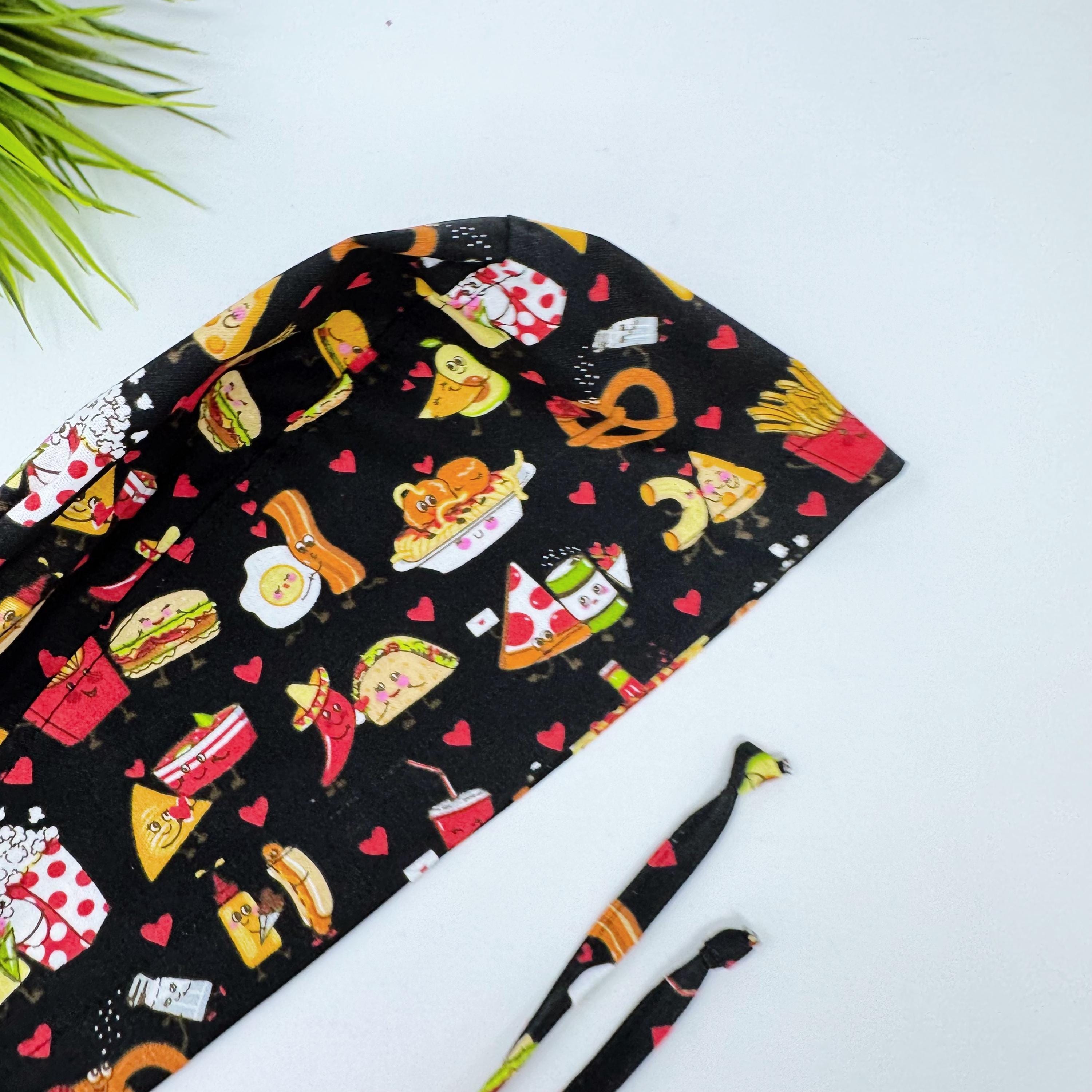 Funny Surgical cap for men. Food with Love tie back scrub hat with satin lined by Paradise Caps.
