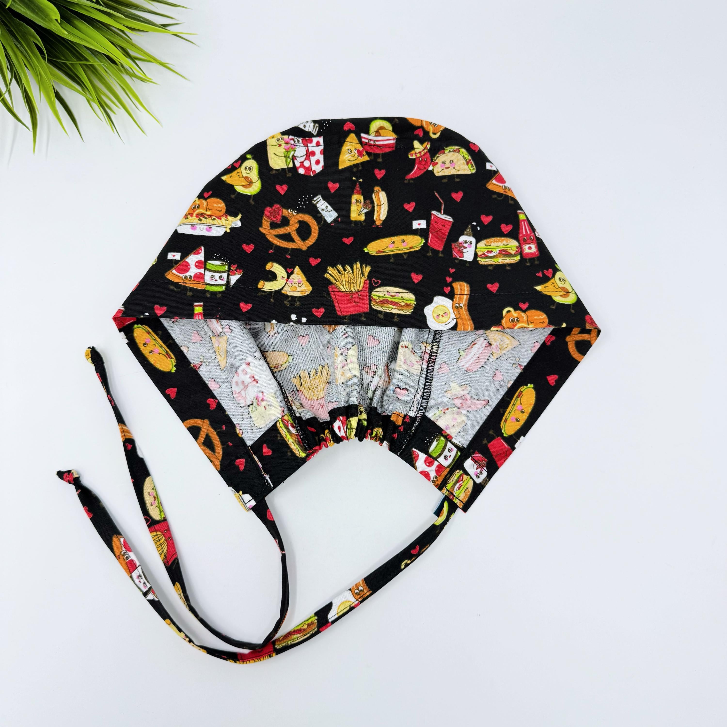 Funny Surgical cap for men. Food with Love tie back scrub hat with satin lined by Paradise Caps.