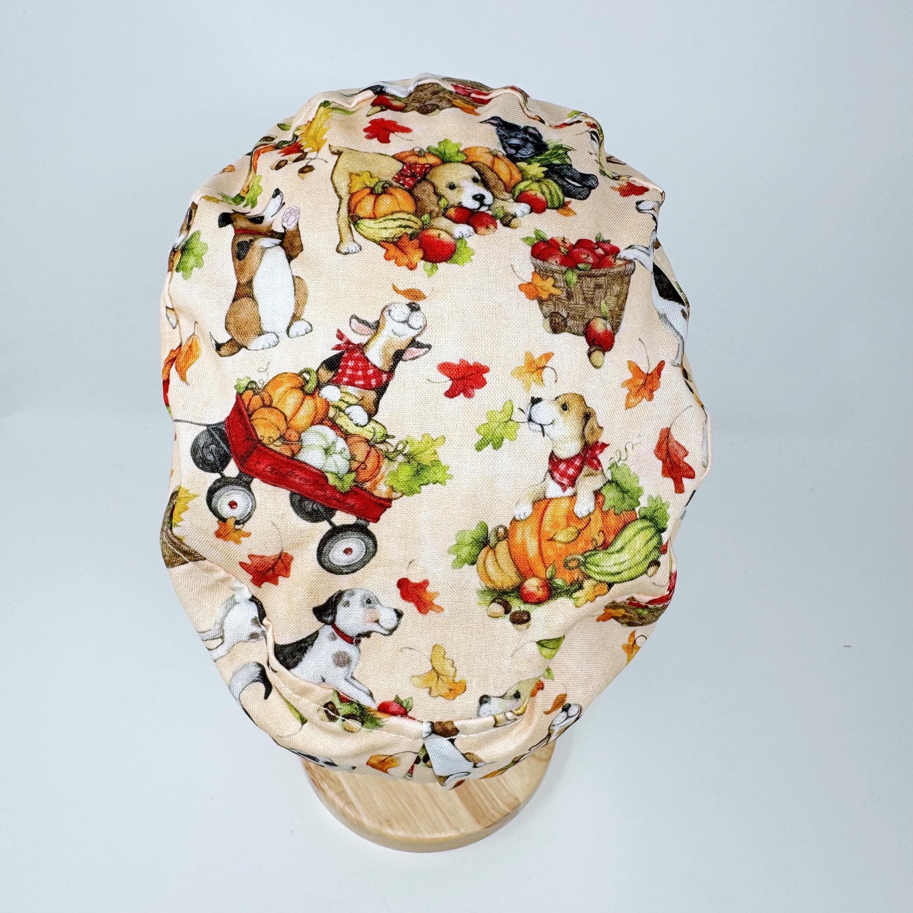 Pumpkin Euro scrub cap for women. Thanksgiving dog European satin lined surgical cap by Paradise Caps.