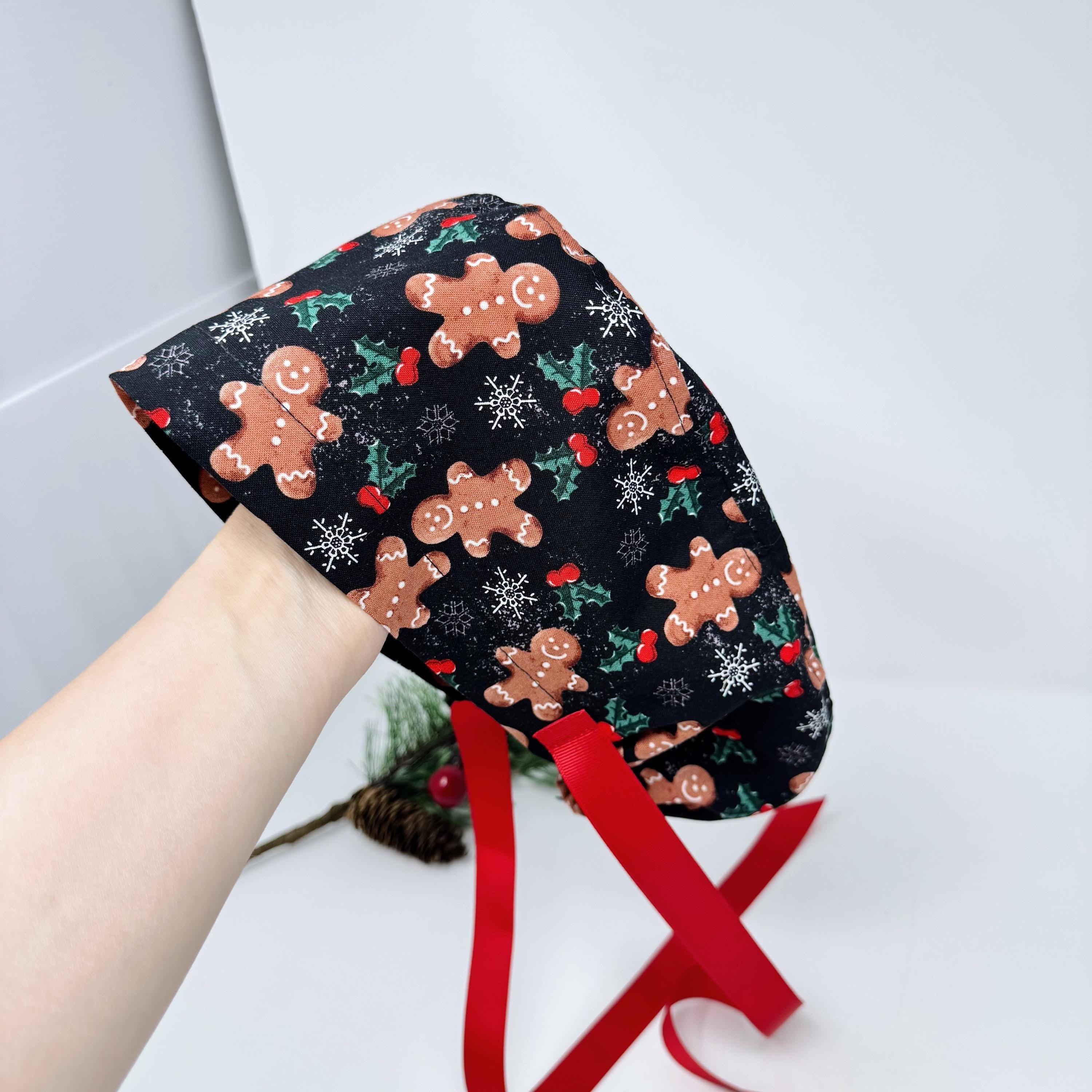 Gingerbread Euro scrub cap with ties. Christmas Scrub Cap for Women with Satin Lined Option by Paradise Caps.