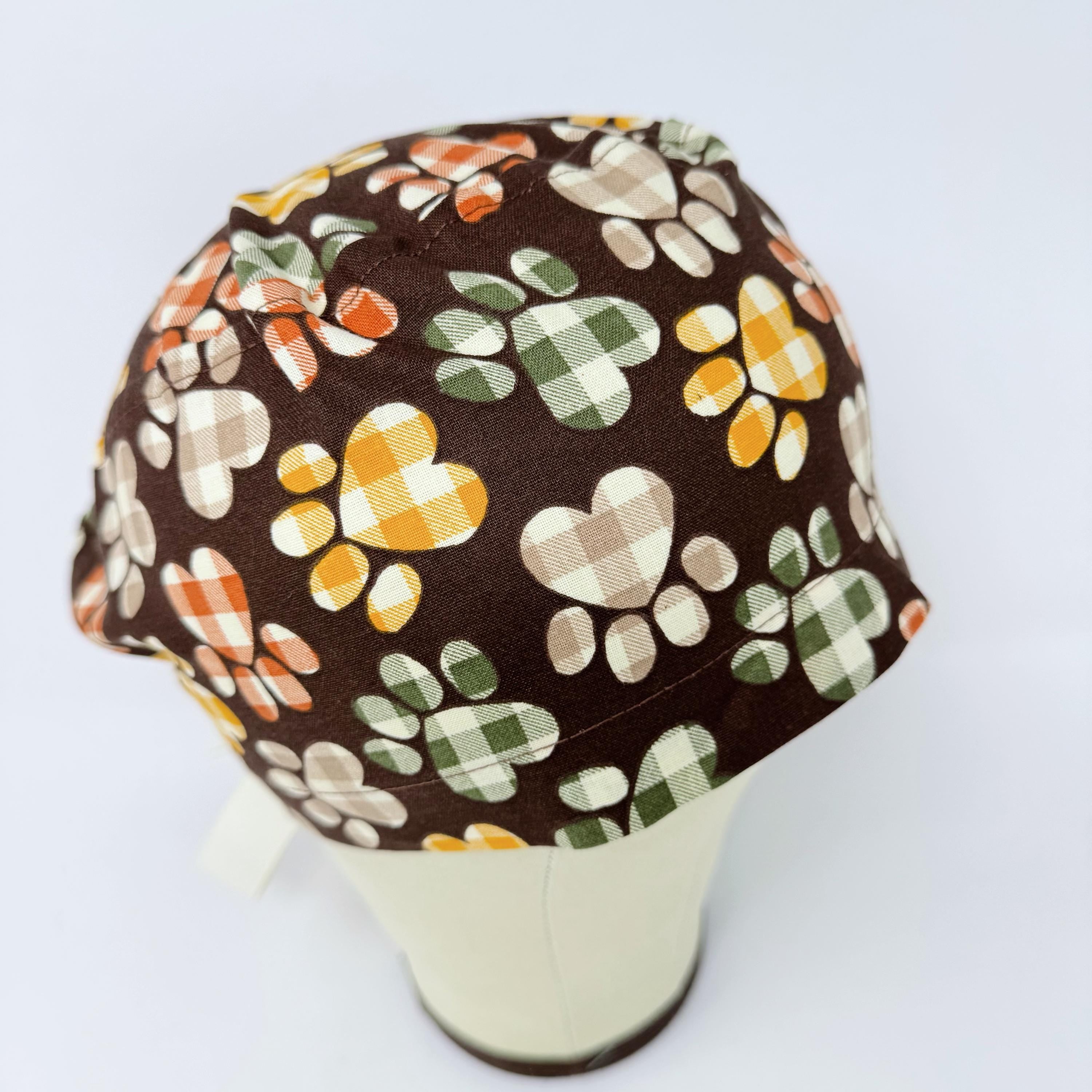 Paw Euro scrub cap with ties for Women, Fall European Surgical cap with Satin Lined Option by Paradise Caps. Thanksgiving Euro PLUS style