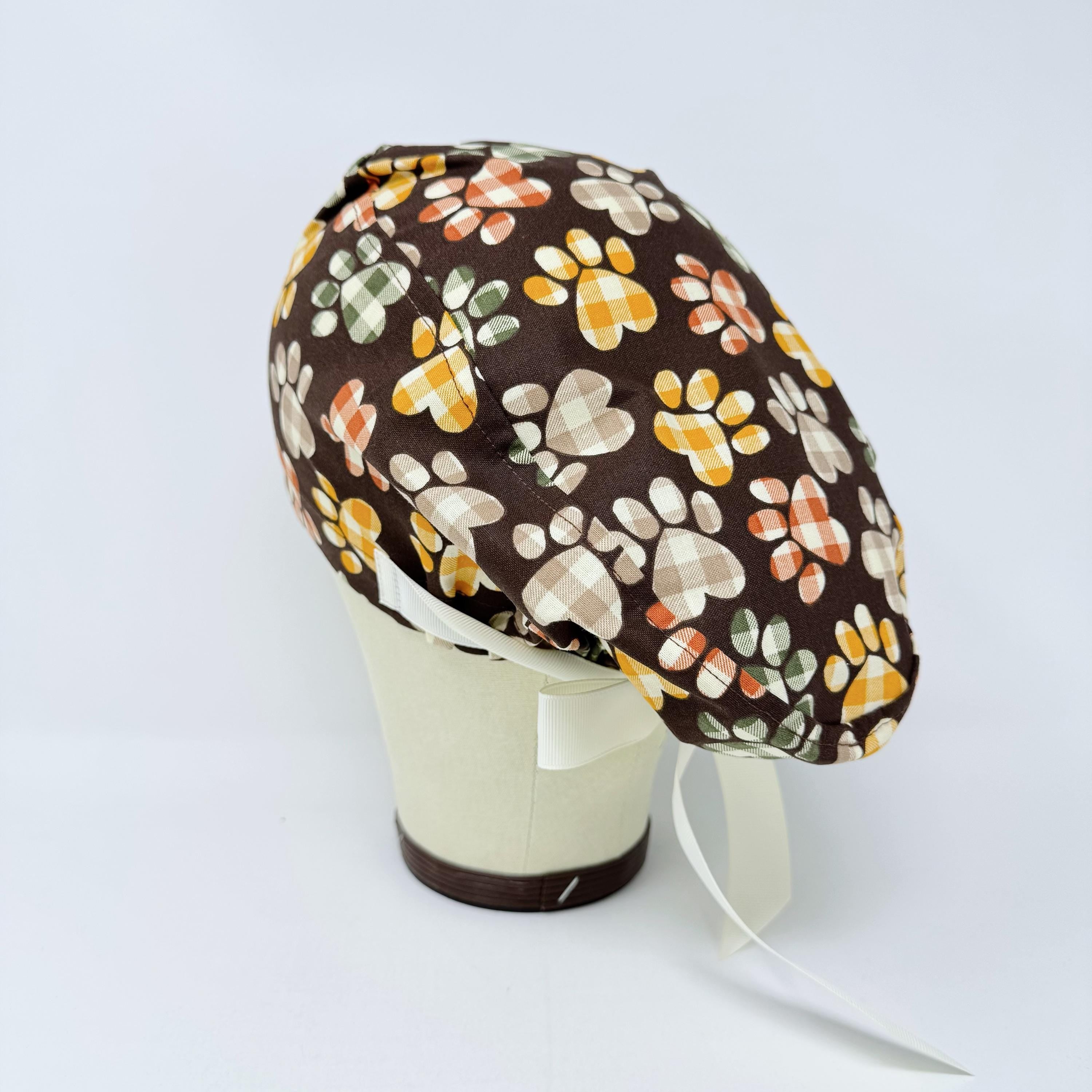 Paw Euro scrub cap with ties for Women, Fall European Surgical cap with Satin Lined Option by Paradise Caps. Thanksgiving Euro PLUS style