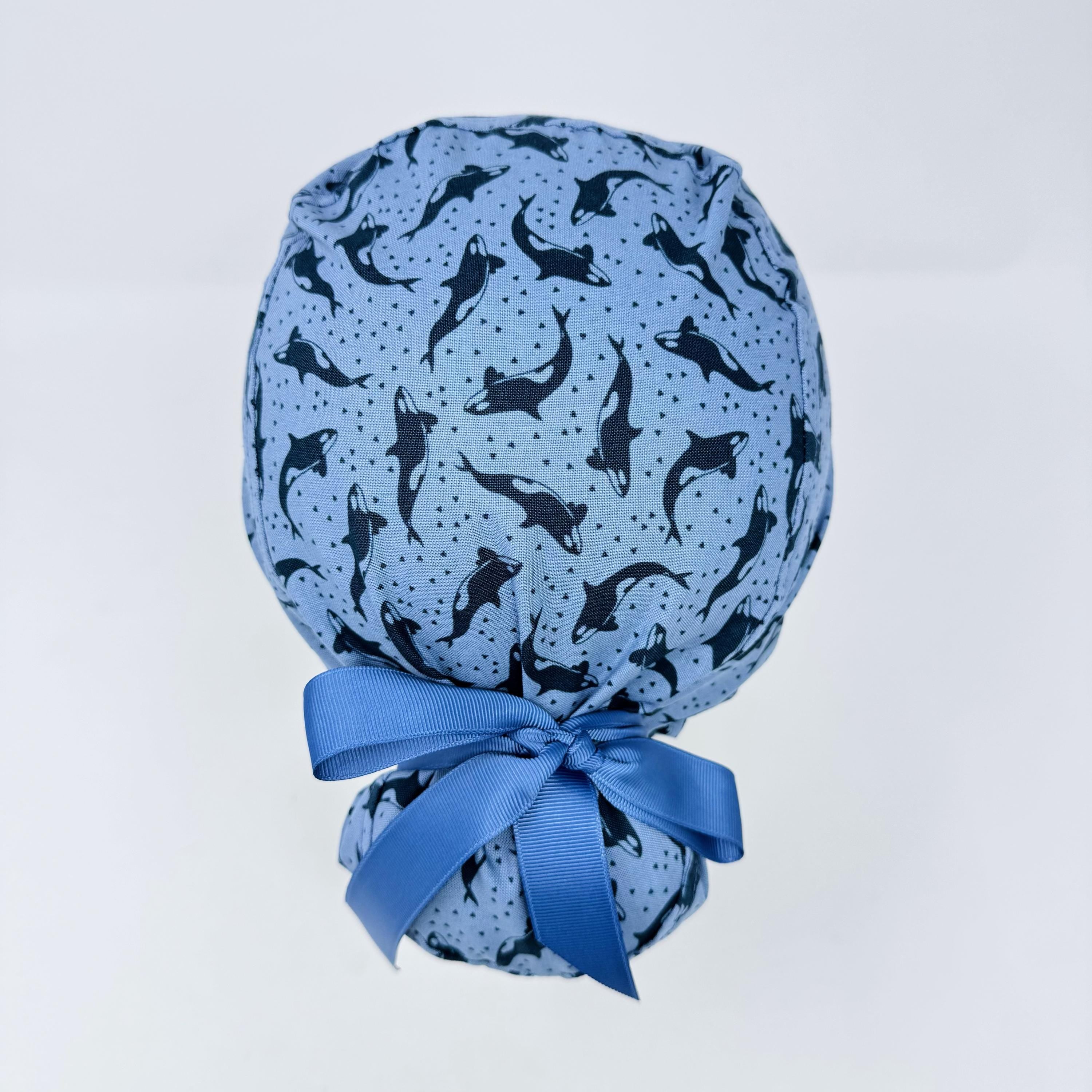 Ocean Orcas Euro scrub cap with ties for women. Blue Sea European satin lined surgical cap by Paradise Caps. Euro PLUS style.