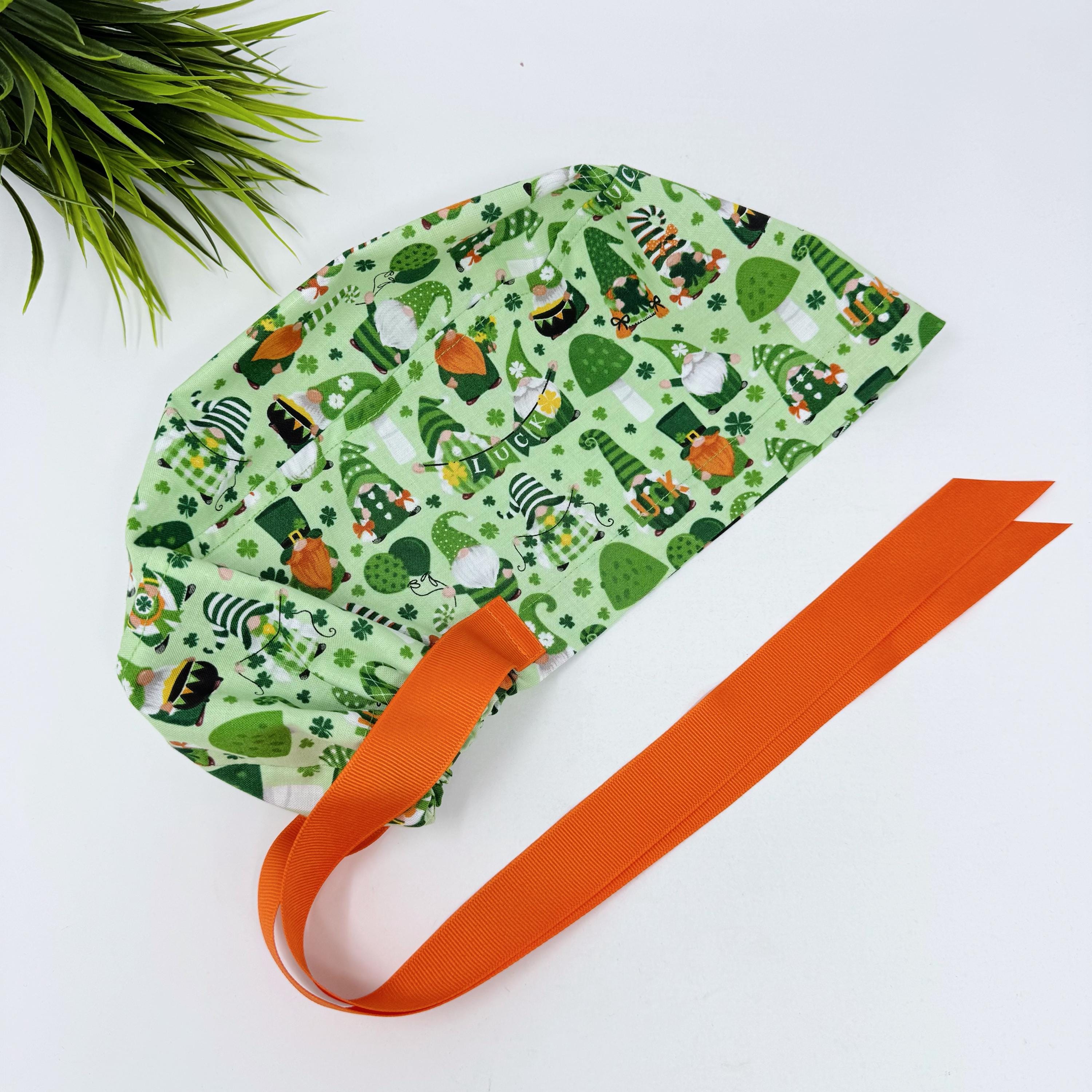 Euro scrub cap with ties for Women. St. Patrick’s Day Gnome European Surgical cap with Satin Lined option by Paradise Caps. Euro PLUS style.