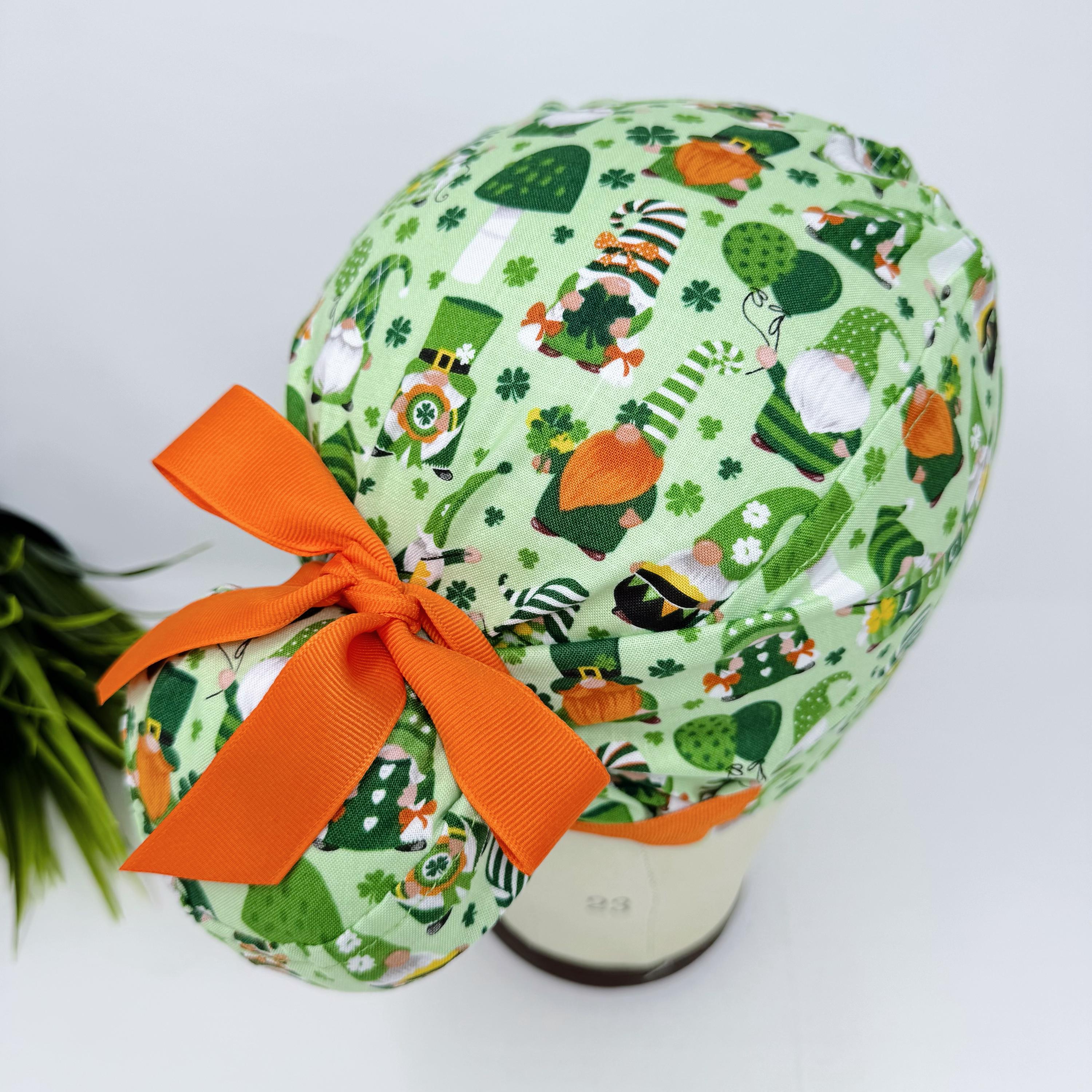 Euro scrub cap with ties for Women. St. Patrick’s Day Gnome European Surgical cap with Satin Lined option by Paradise Caps. Euro PLUS style.