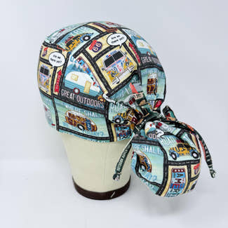 Ponytail scrub cap for women. Route 66 Satin Lined Surgical hat with ponytail by Paradise Caps.