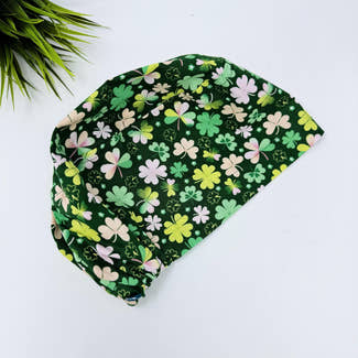 St. Patrick’s Day European satin lined surgical hat by Paradise Caps. Shamrock - print.
