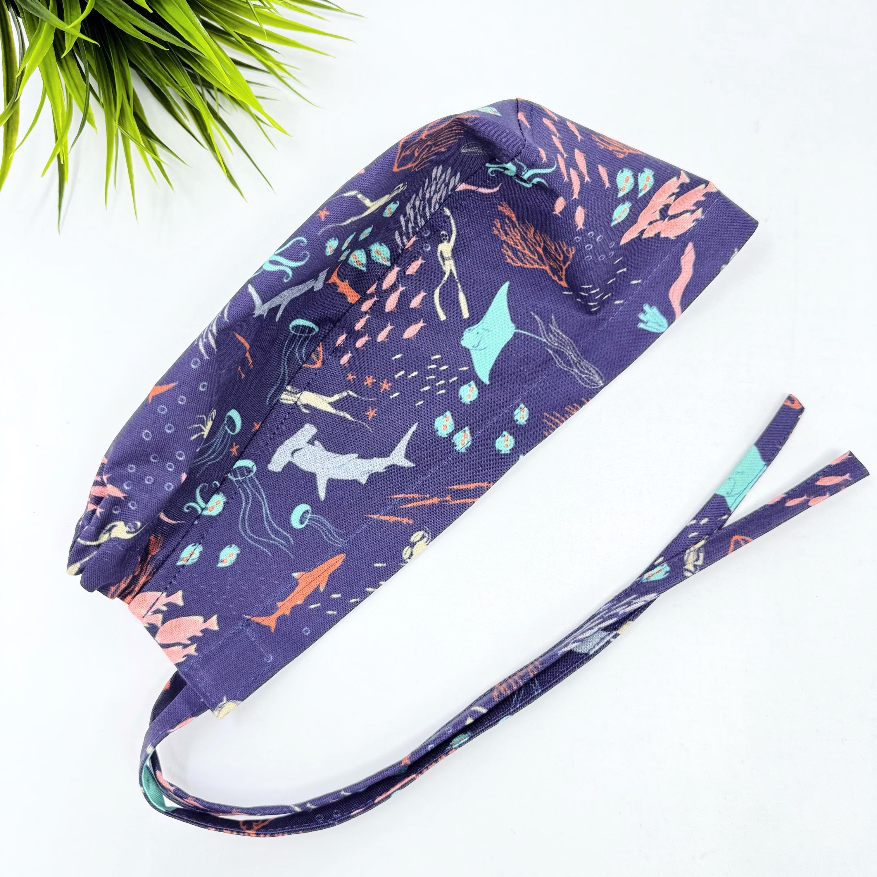 Mens Surgical scrub cap. Ocean tie back scrub hat by Paradise Caps.