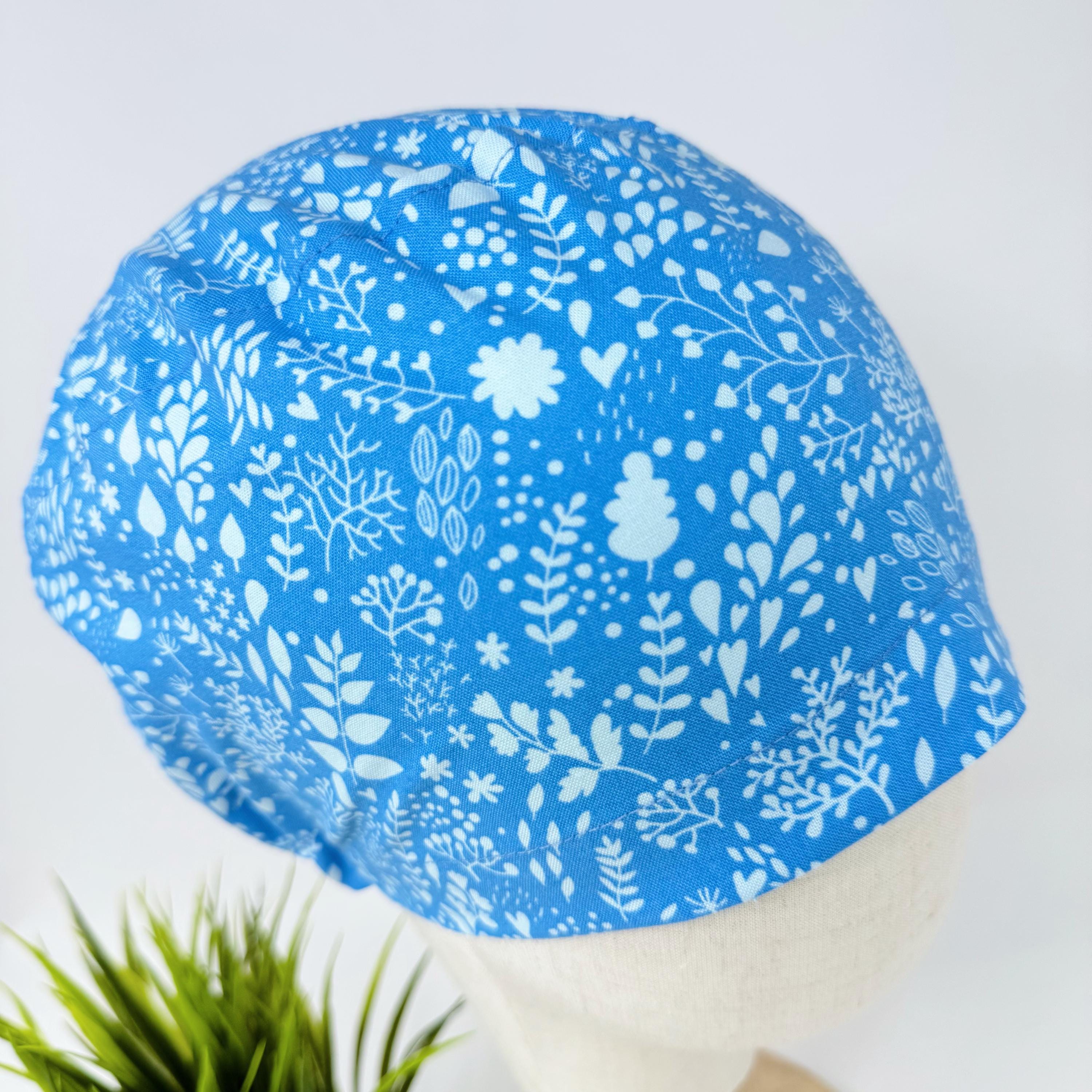 Calm Blue Floral European surgical hat with satin lined by Paradise Caps.