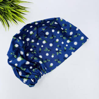 Euro scrub cap for women. Navy Daisy European surgical hat with satin lined by Paradise Caps.