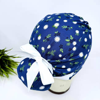 Euro scrub cap with ties for Women. Navy Daisy European Surgical cap with Satin Lined option by Paradise Caps. Euro PLUS style.