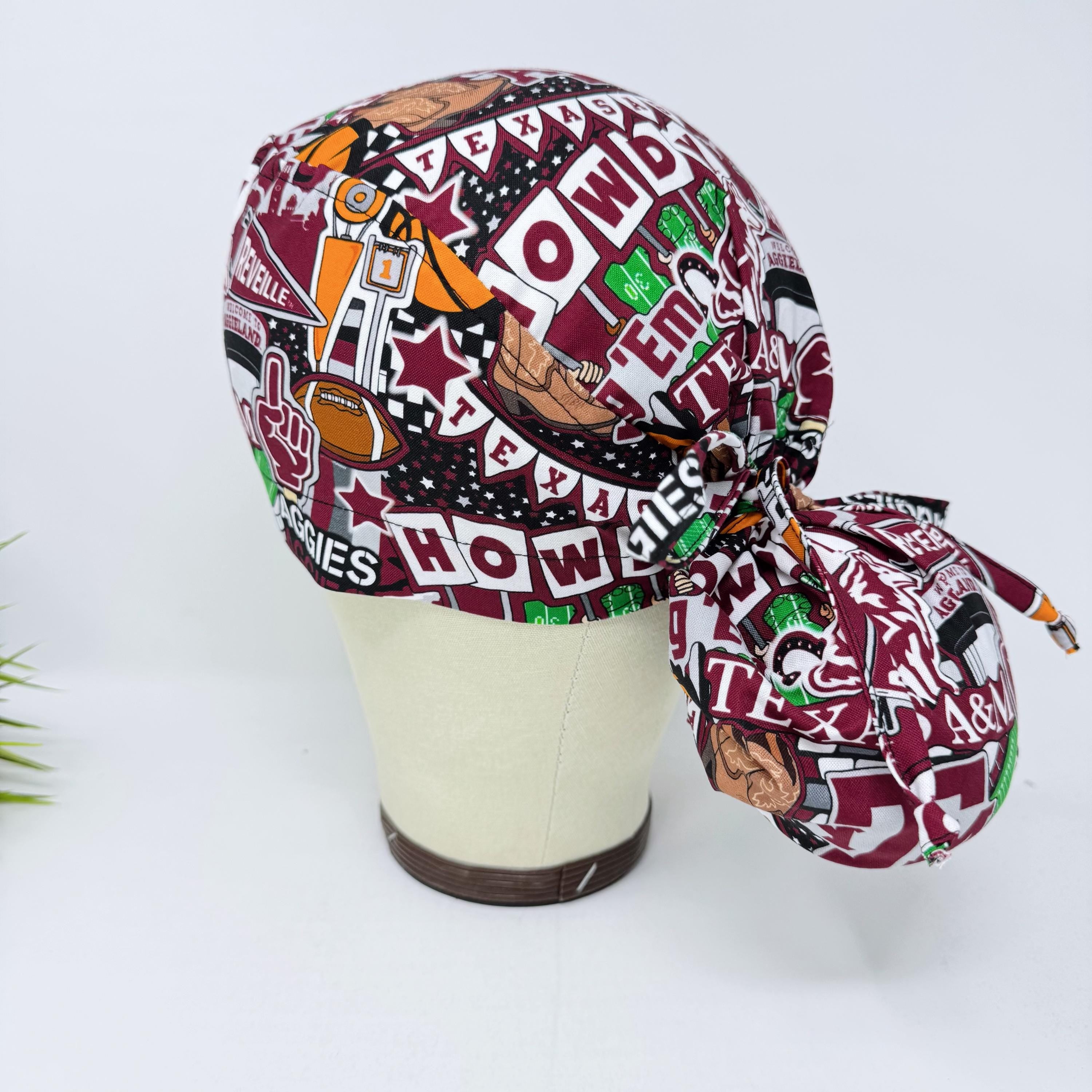 Ponytail scrub cap for women. Texas Scrub hat with satin lined option by Paradise Caps.