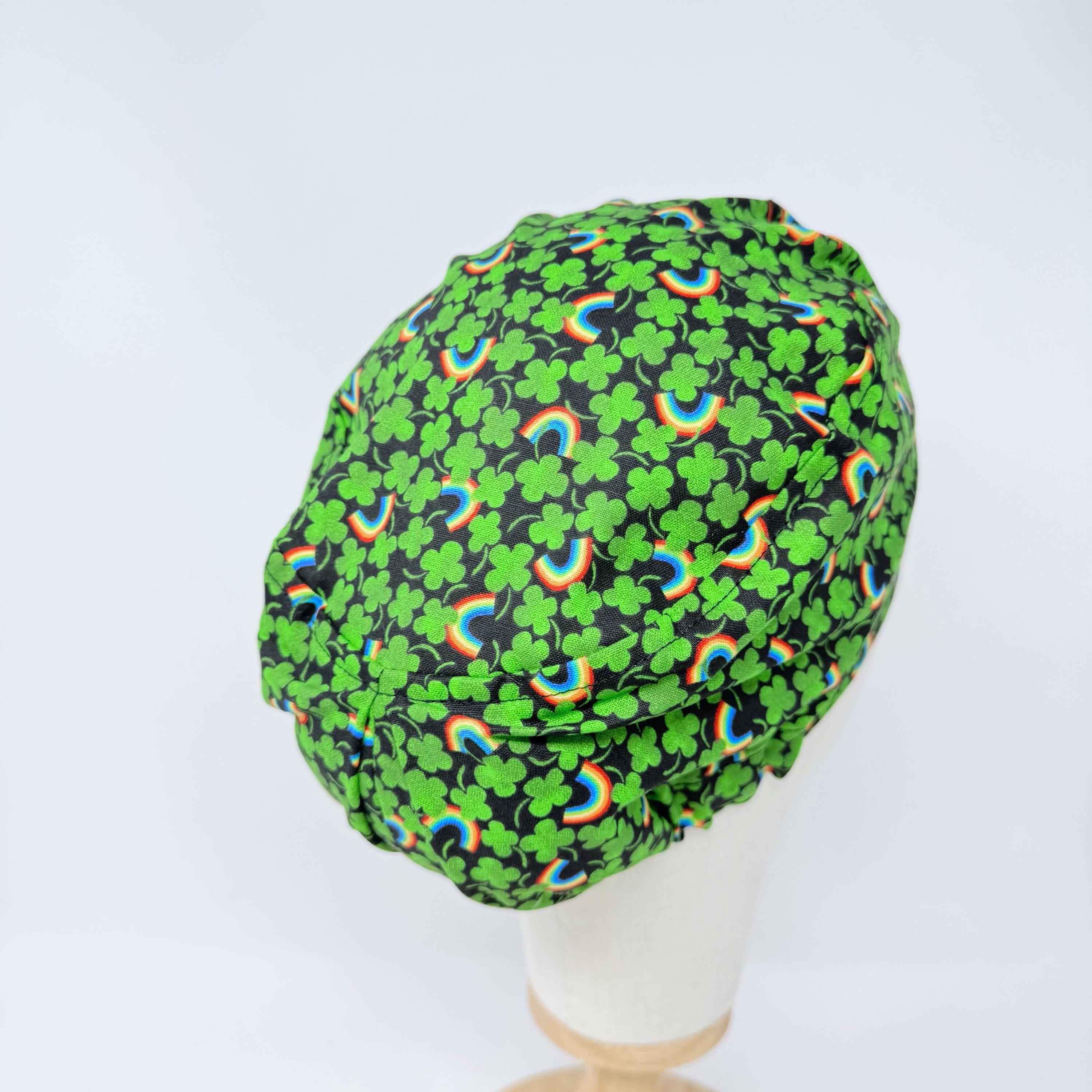 Euro scrub cap for women. Lucky Rainbow European satin lined surgical hat by Paradise Caps. Shamrock - print.