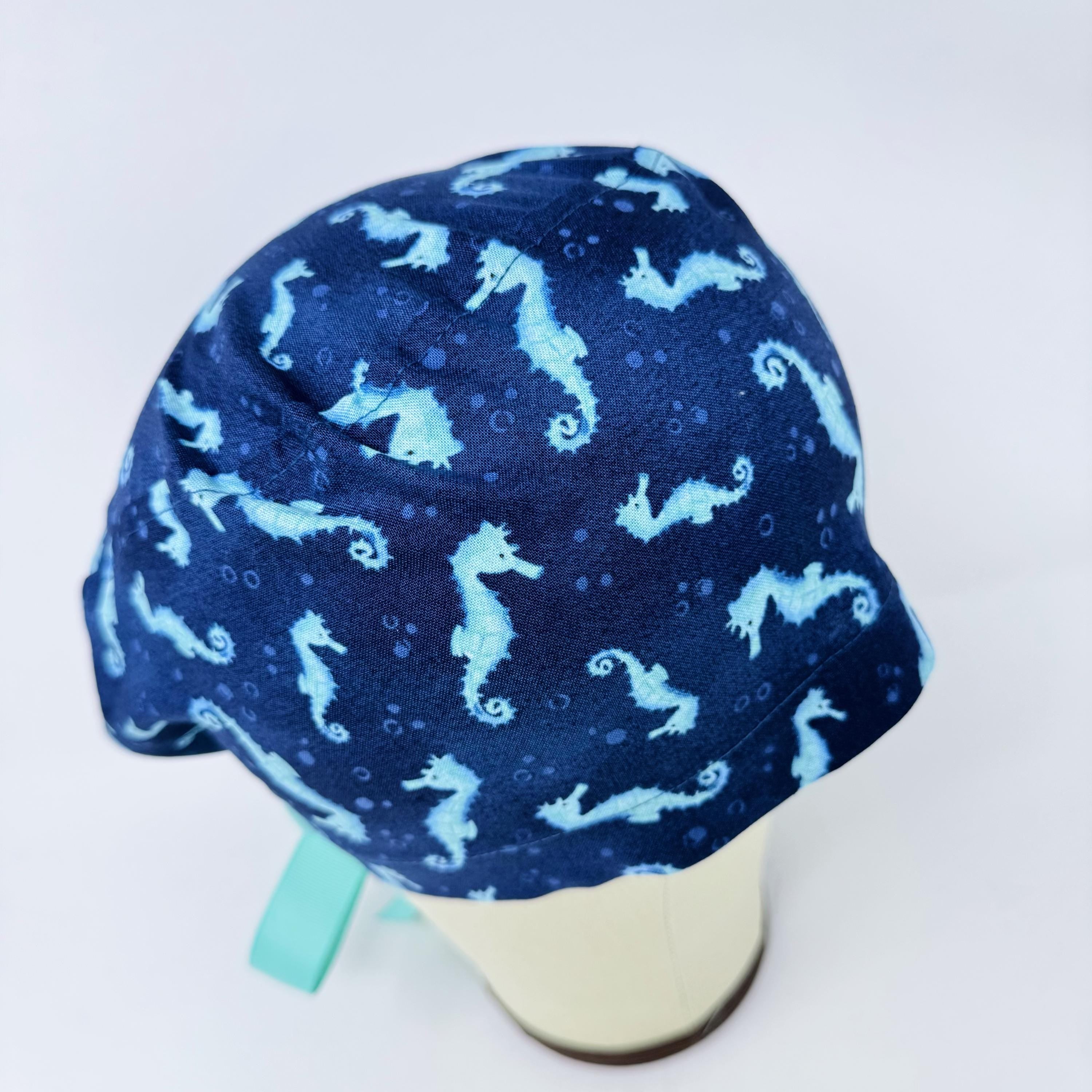 Euro scrub cap with ties for women. Ocean Seahorse Print European satin lined surgical cap by Paradise Caps. Euro PLUS style.