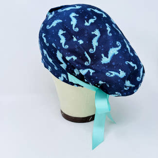 Euro scrub cap with ties for women. Ocean Seahorse Print European satin lined surgical cap by Paradise Caps. Euro PLUS style.