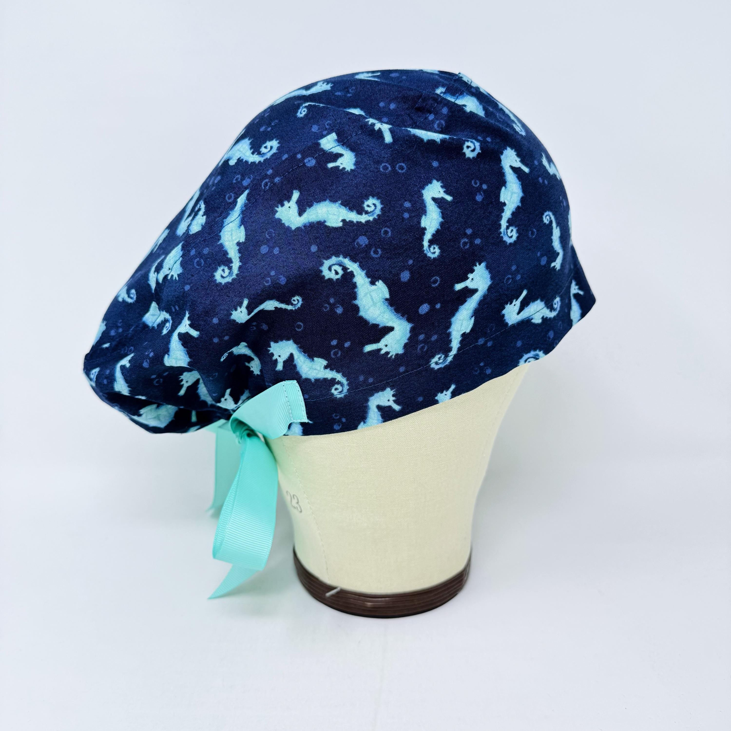 Euro scrub cap with ties for women. Ocean Seahorse Print European satin lined surgical cap by Paradise Caps. Euro PLUS style.