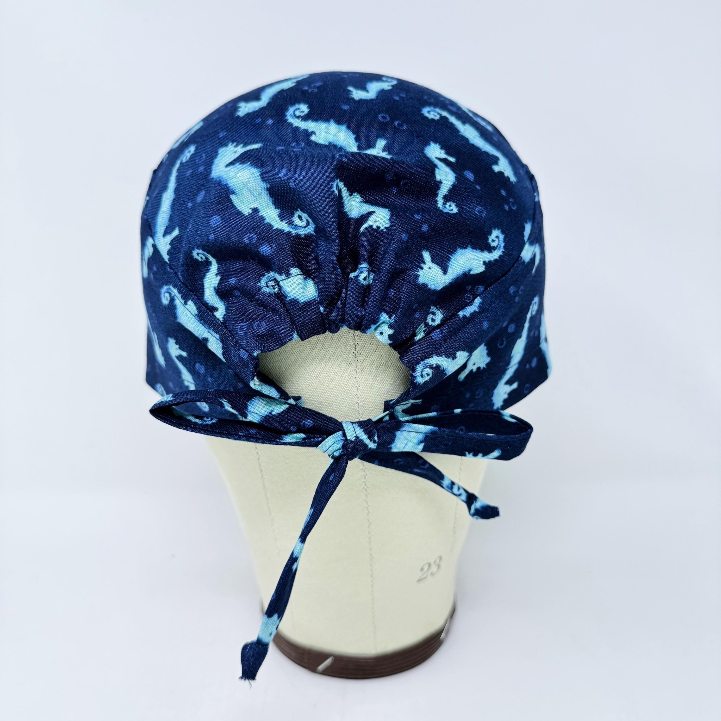 Mens Surgical scrub cap. Ocean Seahorse Print tie back scrub hat by Paradise Caps.