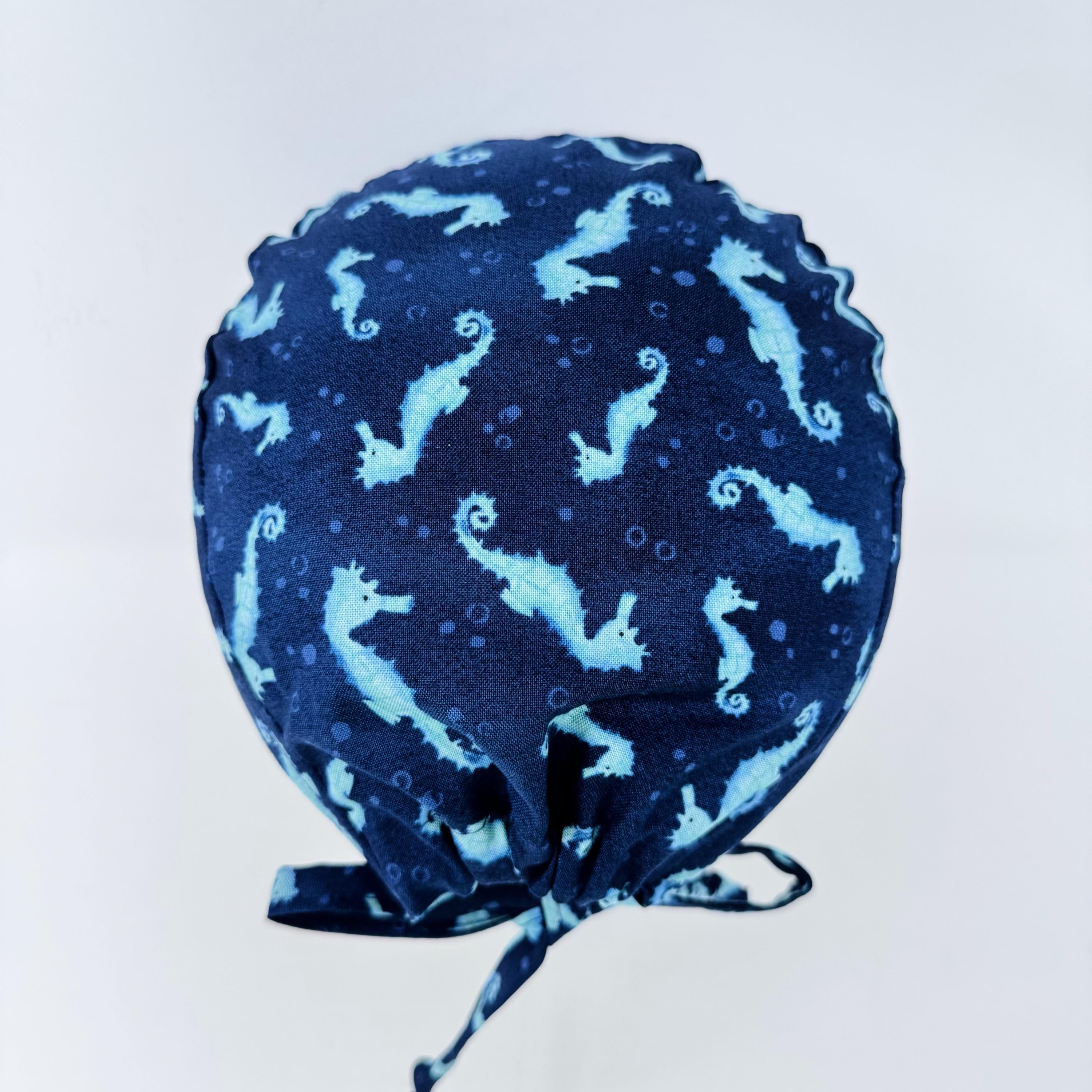 Mens Surgical scrub cap. Ocean Seahorse Print tie back scrub hat by Paradise Caps.