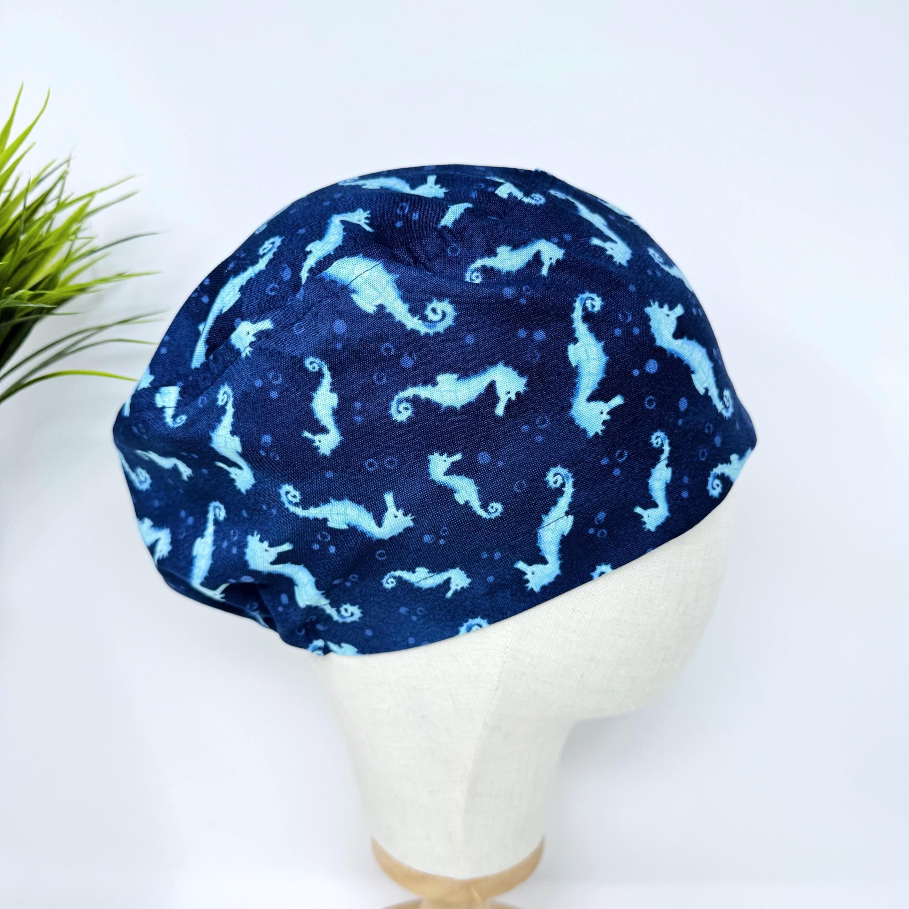 Euro scrub cap for women. Ocean Seahorse Print surgical hat with satin lined option by Paradise Caps.