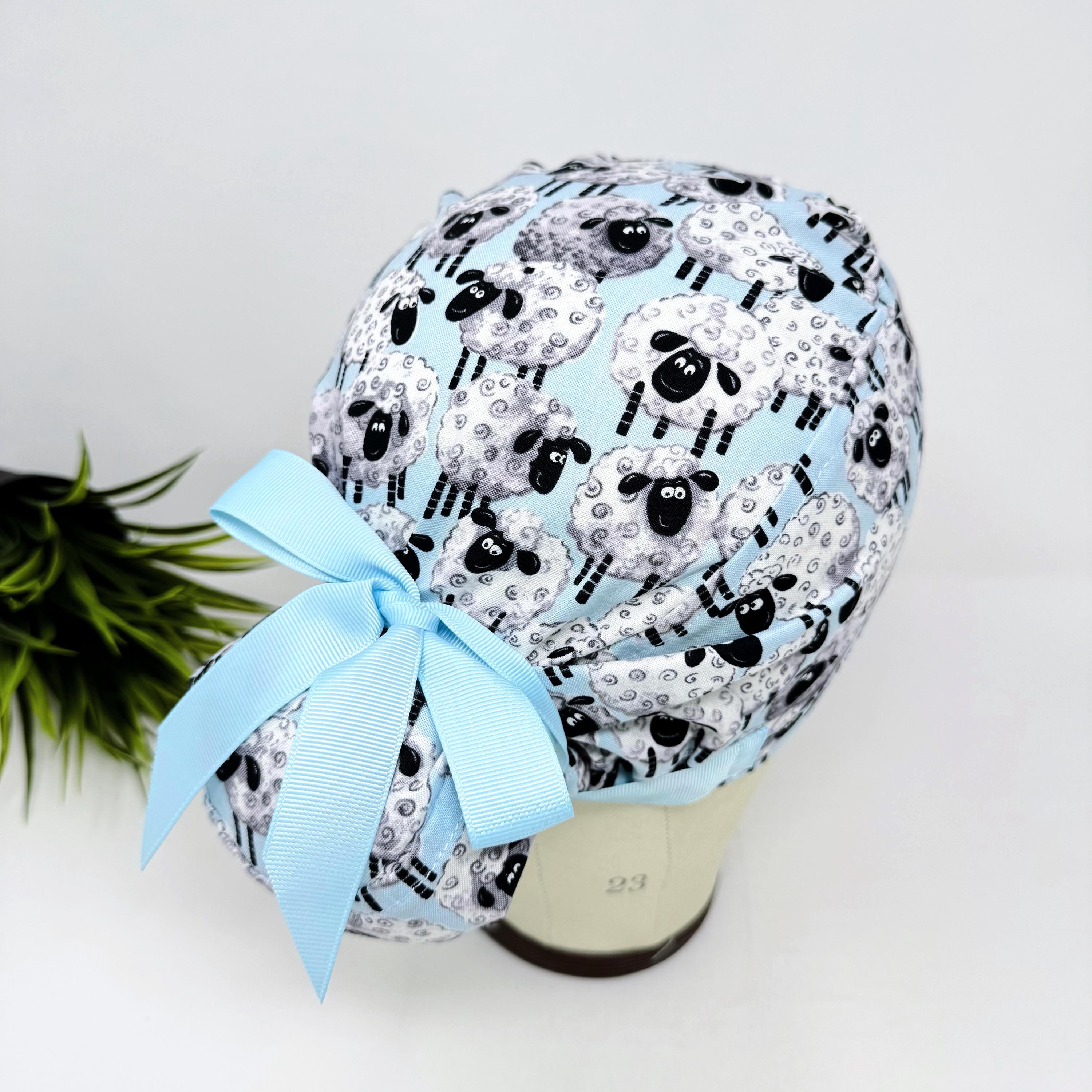 Euro scrub cap with ties for Women. Sheep European Surgical cap with Satin Lined Option by Paradise Caps. Euro PLUS style.