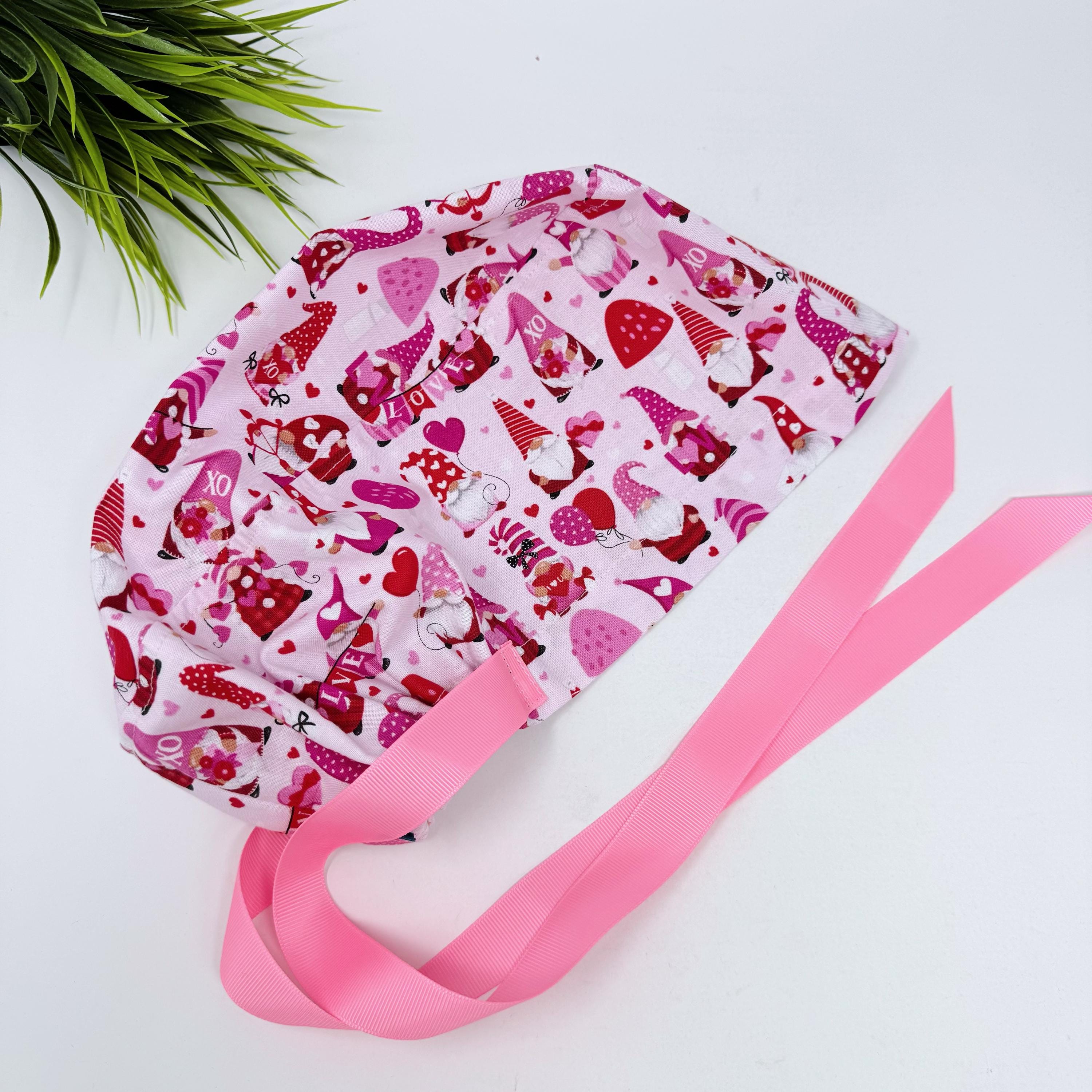 Euro scrub cap with ties for Women. Valentine's day gnome European Surgical cap with Satin Lined by Paradise Caps.