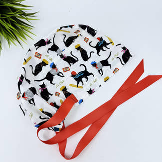Euro scrub cap with ties for Women. Parisian Cat European Surgical cap with Satin Lined Option by Paradise Caps. Euro PLUS style.