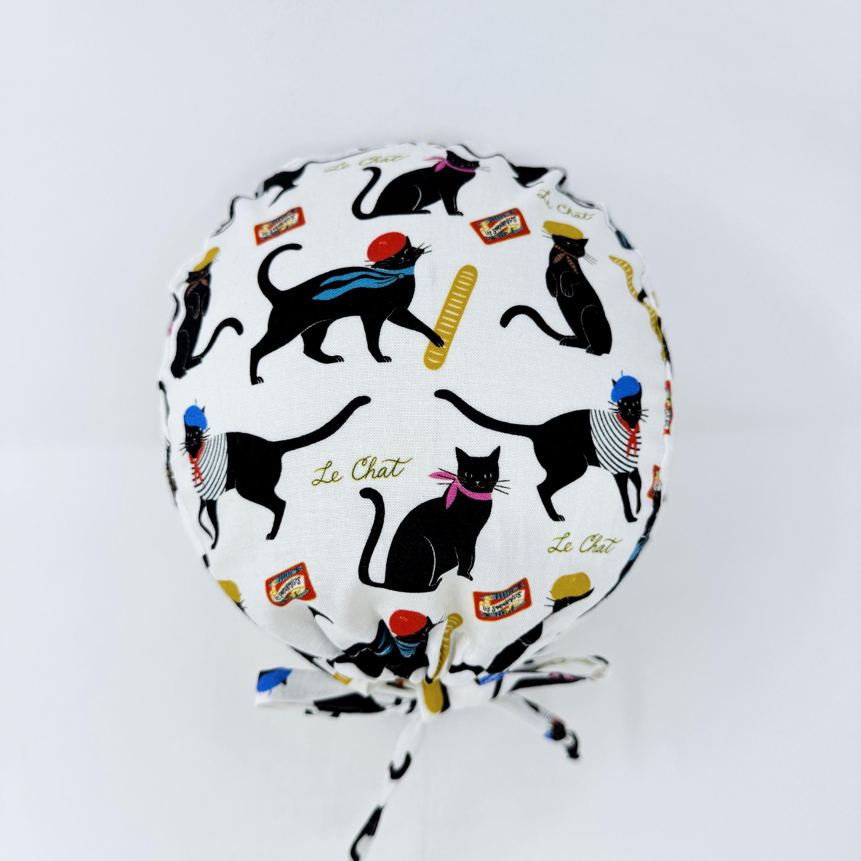 Surgical scrub cap for men. Parisian Cat tie back scrub hat by Paradise Caps.