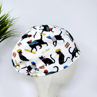 Euro scrub cap for women. Parisian Cat surgical hat with satin lined by Paradise Caps.