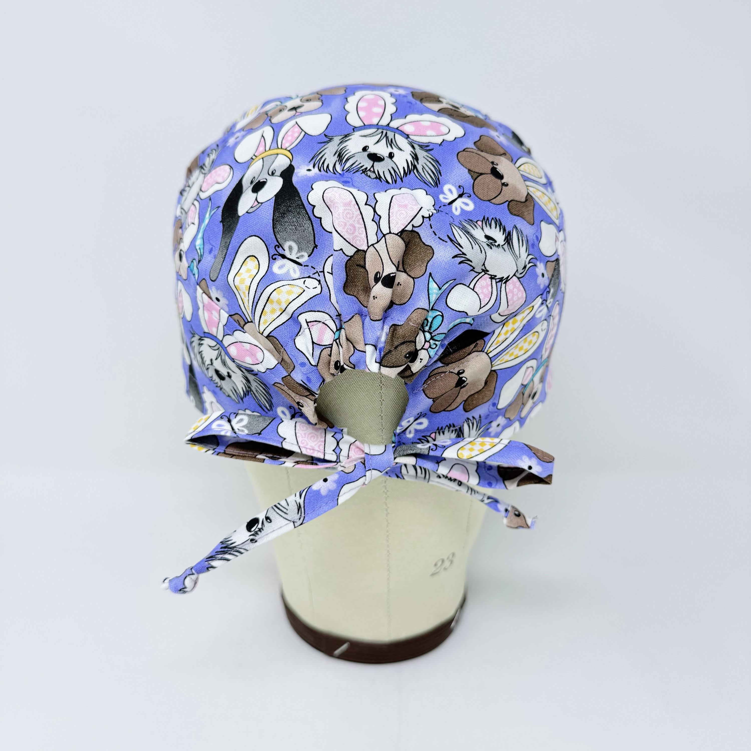 Men's surgical scrub cap. Easter Bunny & Puppy skull tie-back style scrub cap by Paradise Caps.