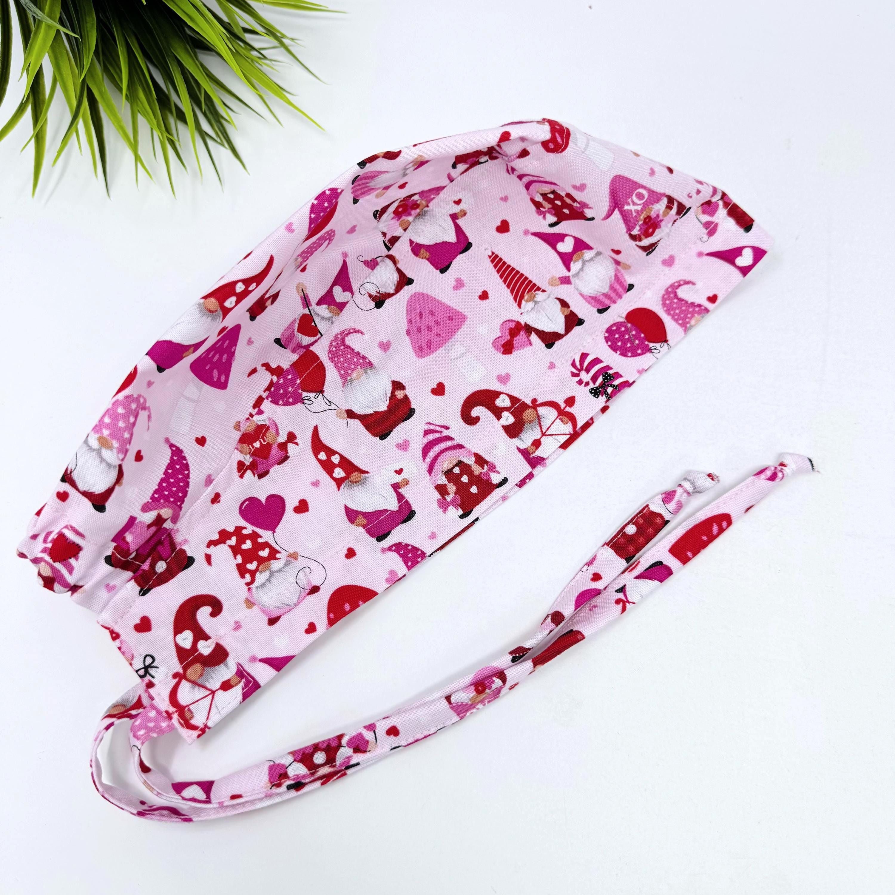 Men's surgical scrub cap. Valentine's day gnomes skull tie-back style scrub hat by Paradise Caps.