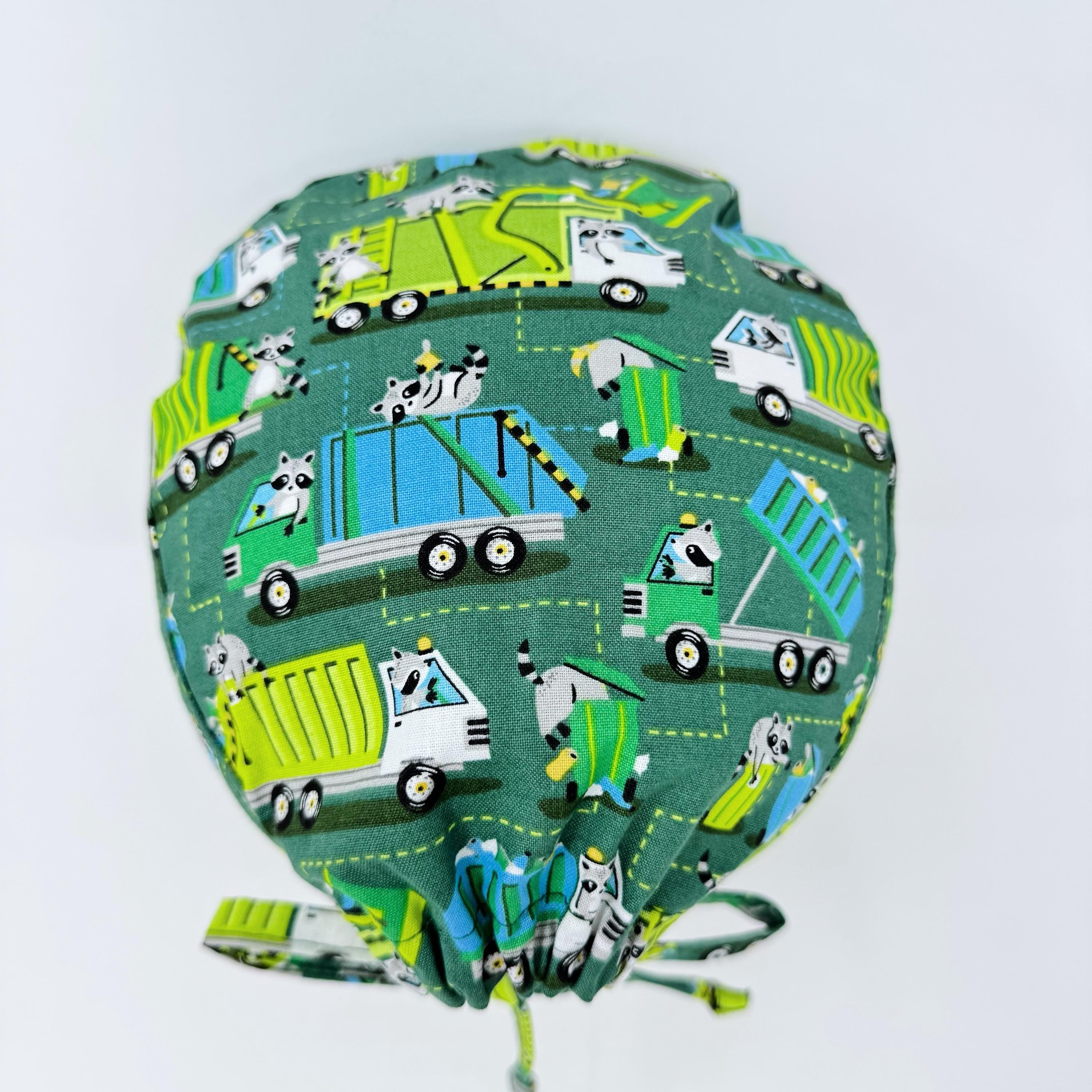 Men's surgical scrub cap. Garbage Truck Raccoon surgical hat by Paradise Caps.