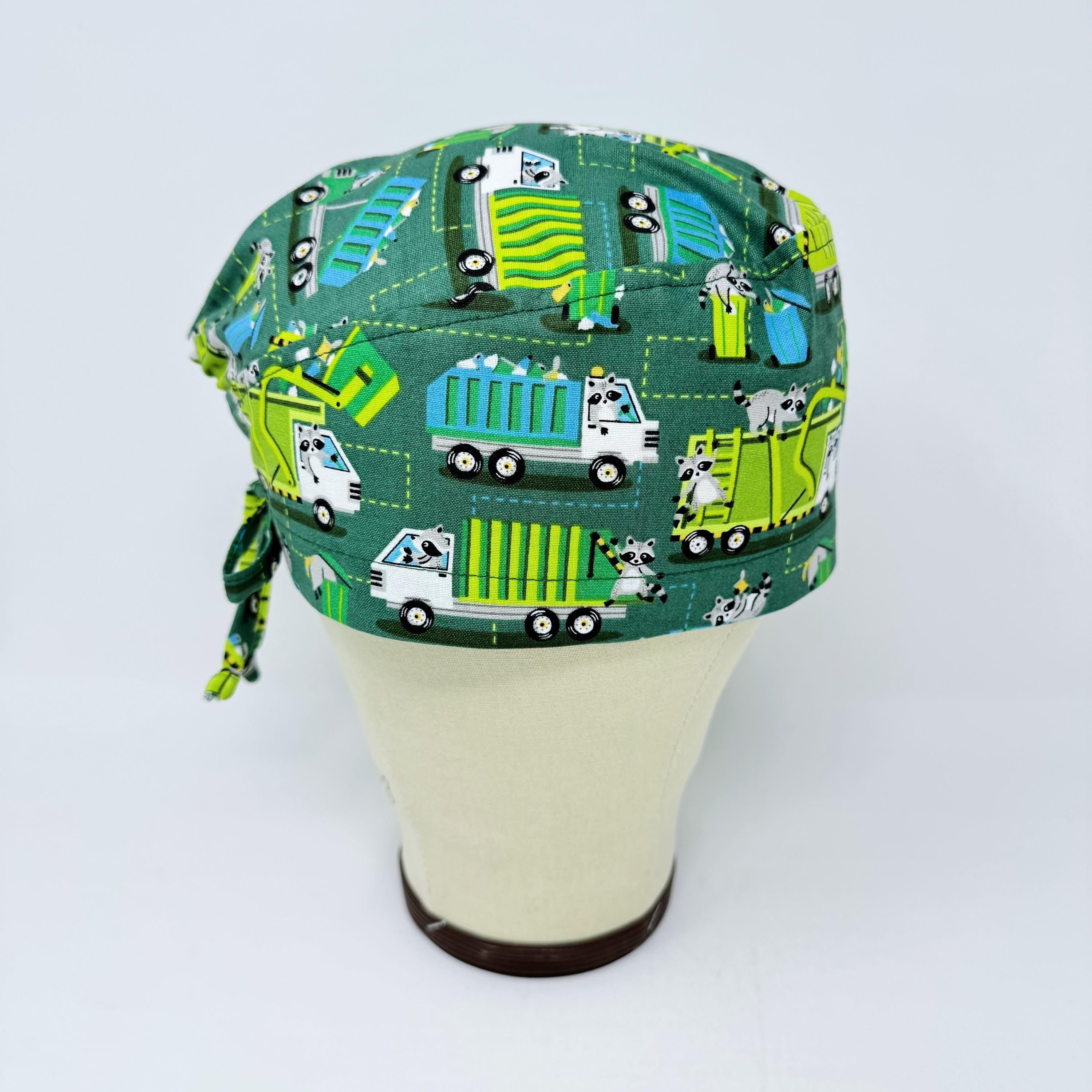 Men's surgical scrub cap. Garbage Truck Raccoon surgical hat by Paradise Caps.