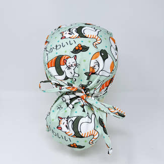 Cat Ponytail scrub cap for women by Paradise Caps. Satin lined Option surgical hat with ponytail.