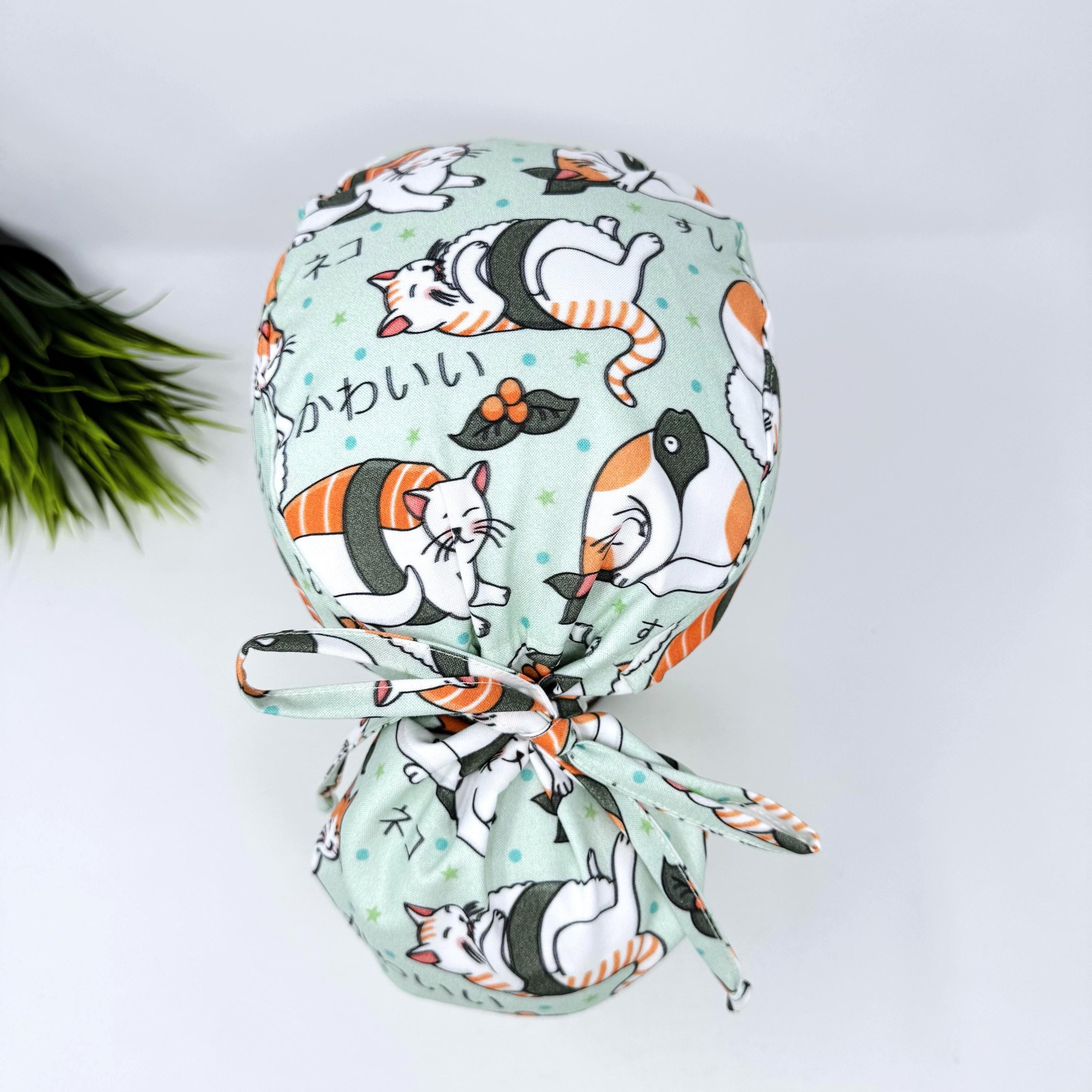 Cat Ponytail scrub cap for women by Paradise Caps. Satin lined Option surgical hat with ponytail.