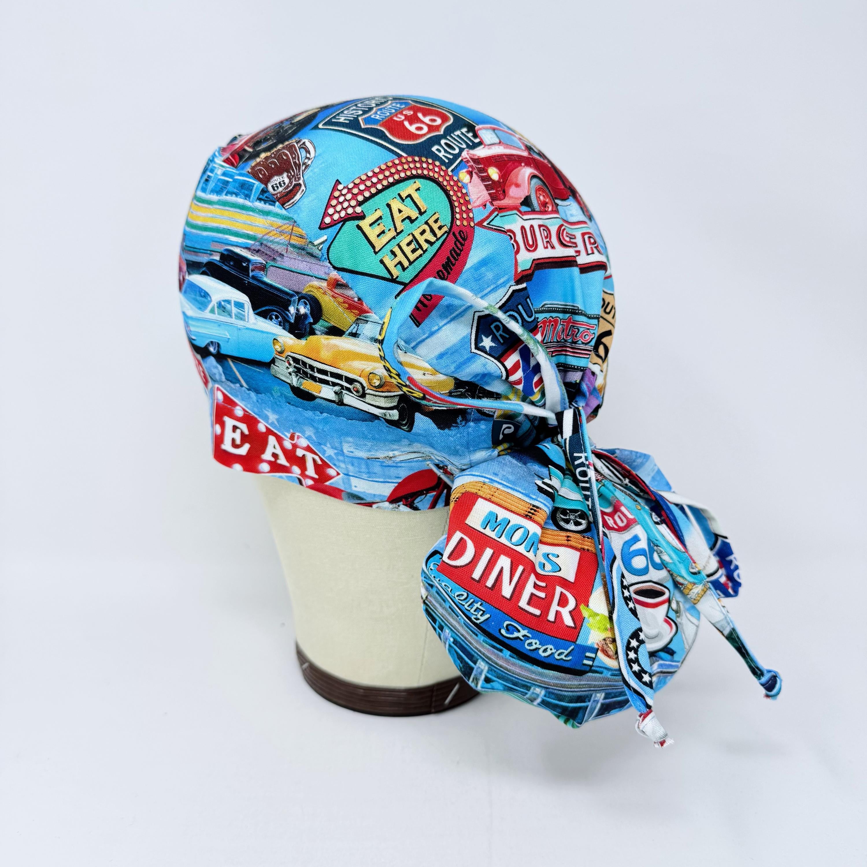 Ponytail scrub cap for women. Route 66 Retro Diner Satin Lined option Surgical hat with ponytail by Paradise Caps.