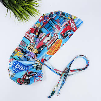 Ponytail scrub cap for women. Route 66 Retro Diner Satin Lined option Surgical hat with ponytail by Paradise Caps.