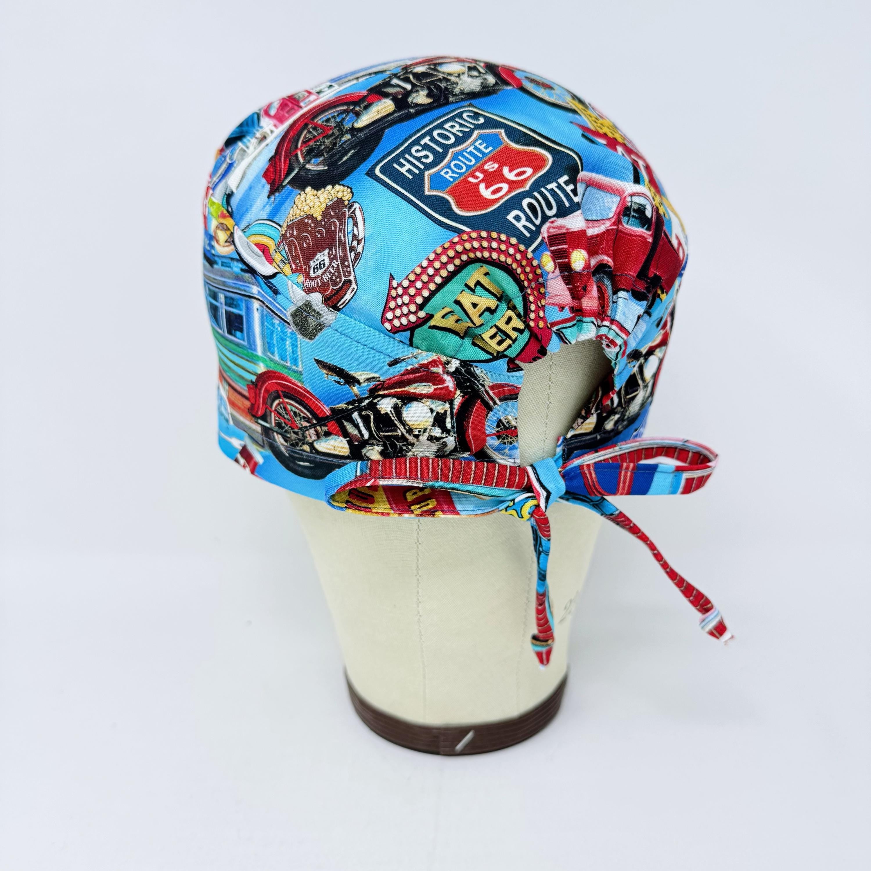 Men's surgical scrub cap. Route 66 Retro Diner satin lined option skull tie-back style scrub hat by Paradise Caps.
