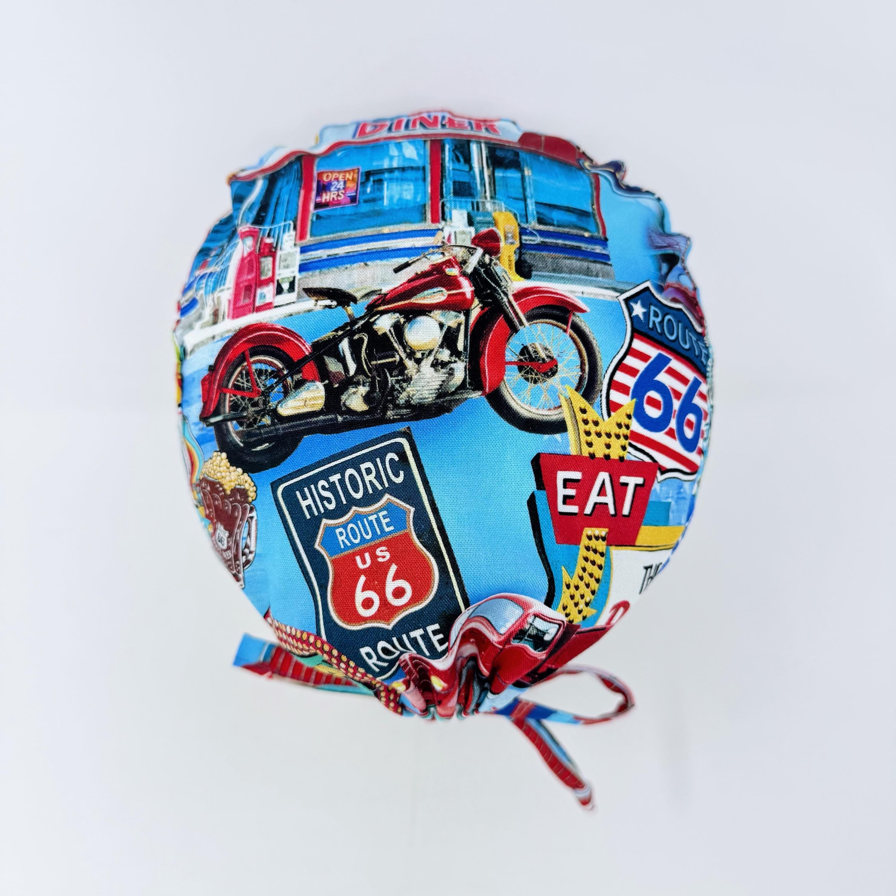 Men's surgical scrub cap. Route 66 Retro Diner satin lined option skull tie-back style scrub hat by Paradise Caps.