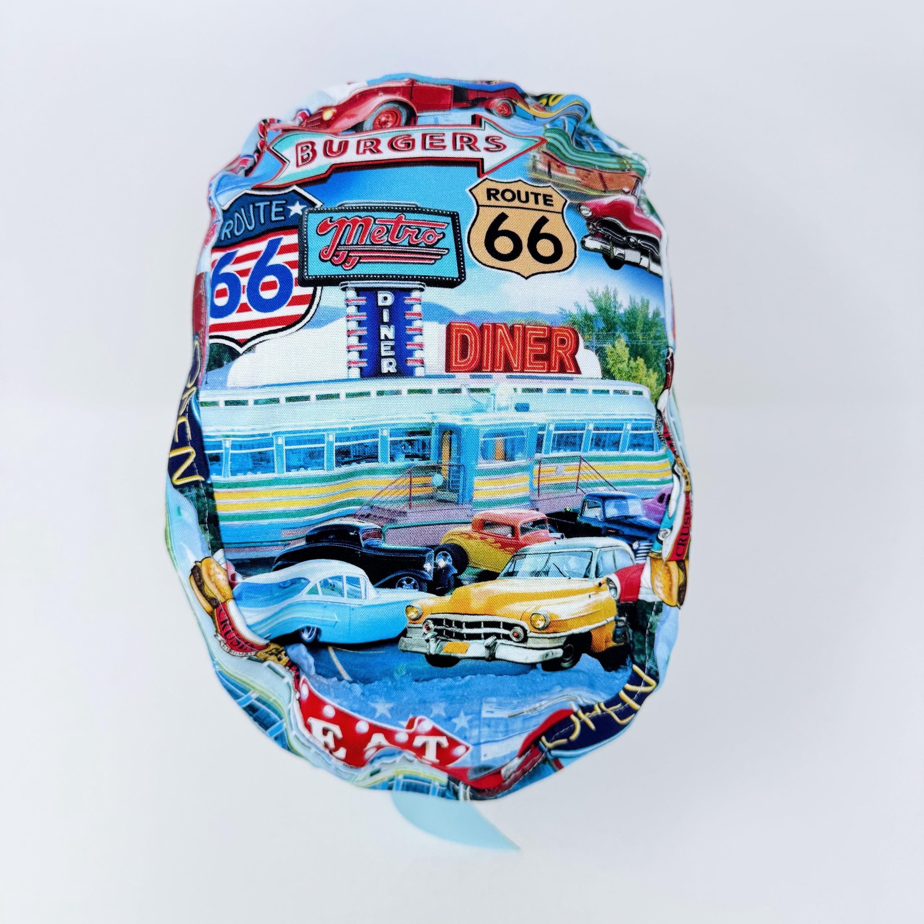 Euro scrub cap with ties for Women. Route 66 Retro Diner European Surgical hat with Satin Lined option by Paradise Caps. Euro PLUS style.
