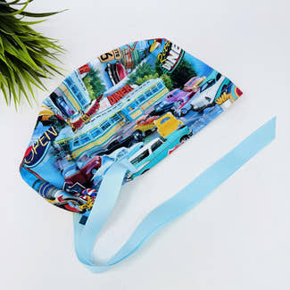 Euro scrub cap with ties for Women. Route 66 Retro Diner European Surgical hat with Satin Lined option by Paradise Caps. Euro PLUS style.