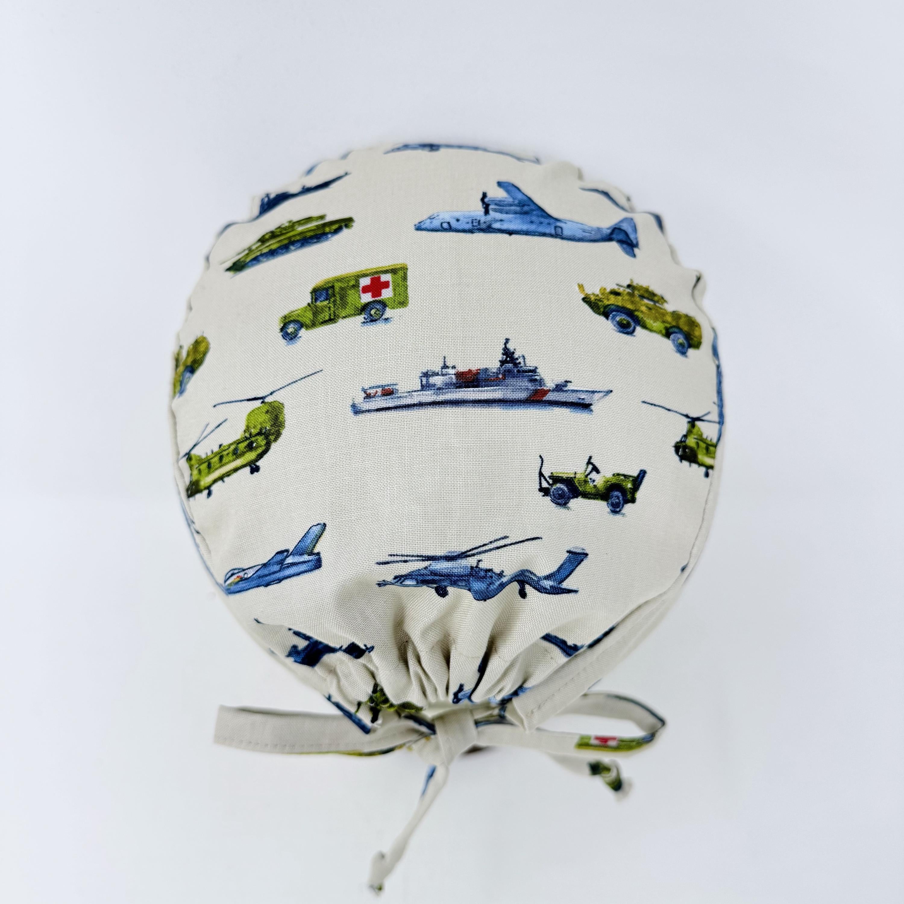 Men's surgical scrub cap. Military Aircraft satin lined option skull tie-back style scrub hat by Paradise Caps.