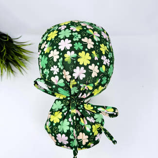 St. Patrick’s Day Ponytail Scrub Cap with satin lined by Paradise Caps. Shamrock - print.