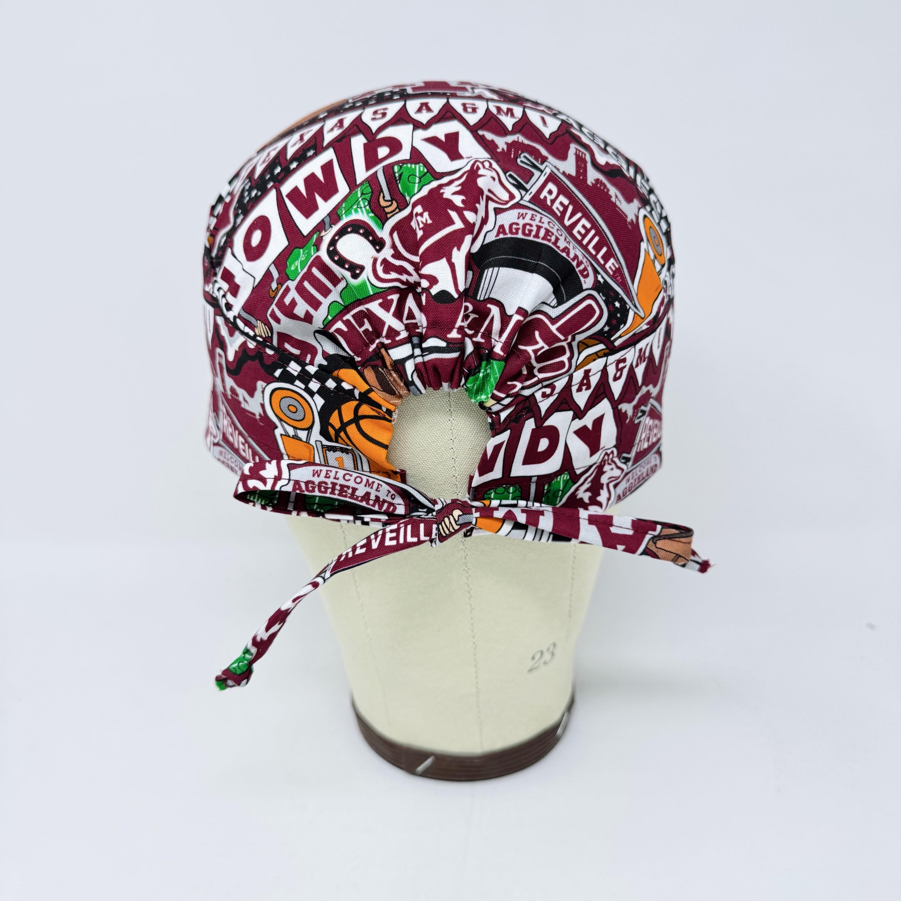 Texas Men's surgical cap. A&M skull tie-back style scrub cap by Paradise Caps.