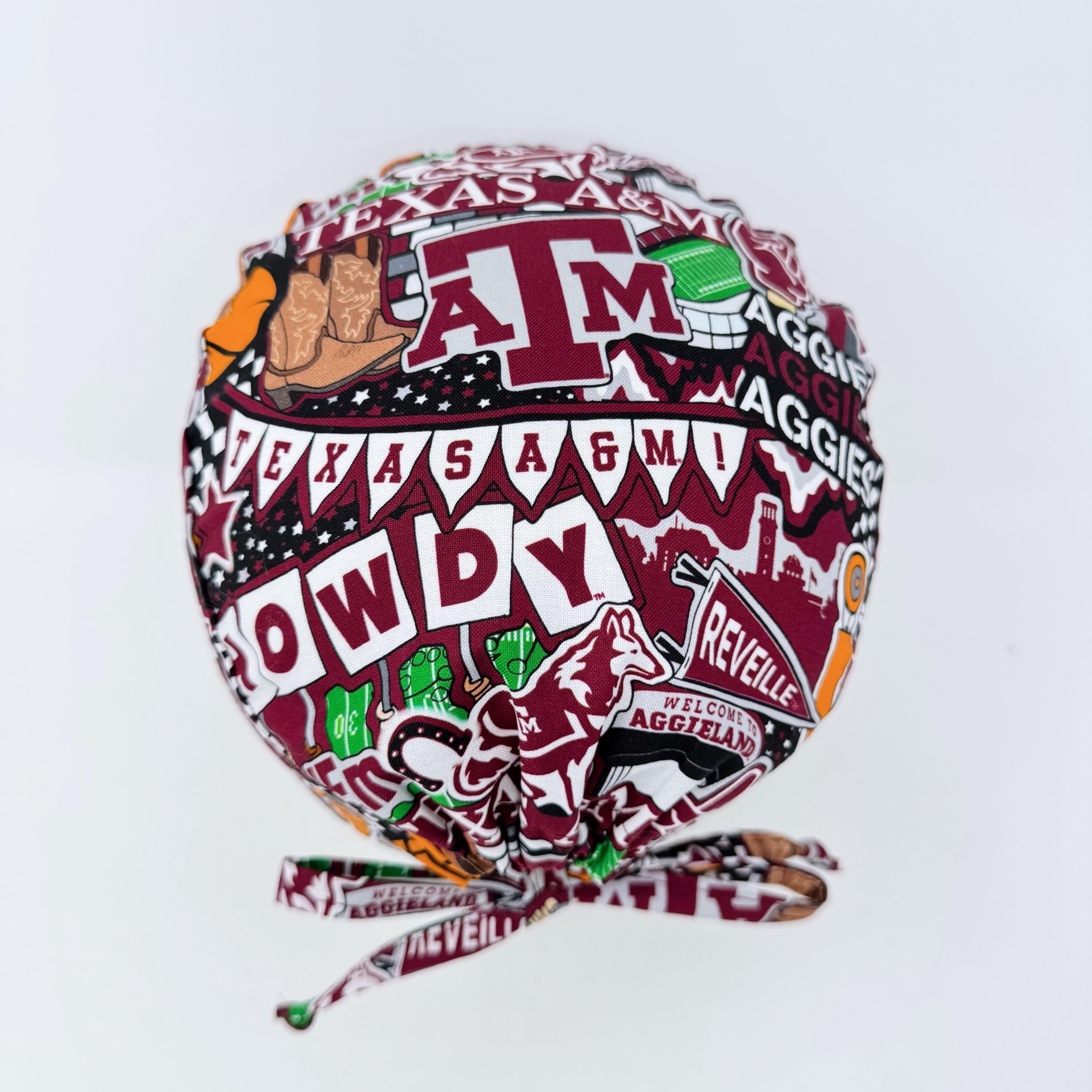 Texas Men's surgical cap. A&M skull tie-back style scrub cap by Paradise Caps.