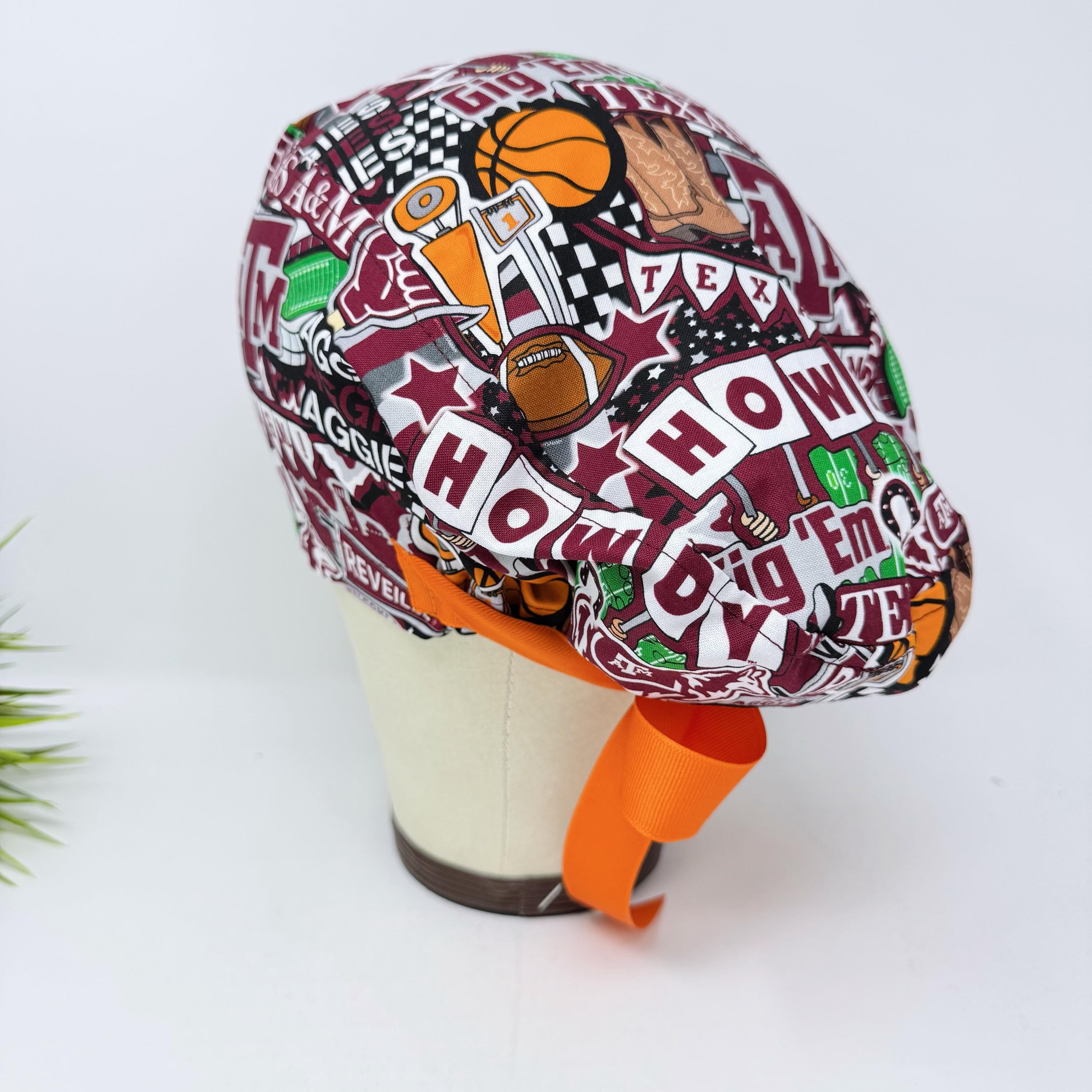 Euro scrub cap with ties for Women. Texas A&M European Surgical cap with Satin Lined by Paradise Caps. Euro PLUS style.